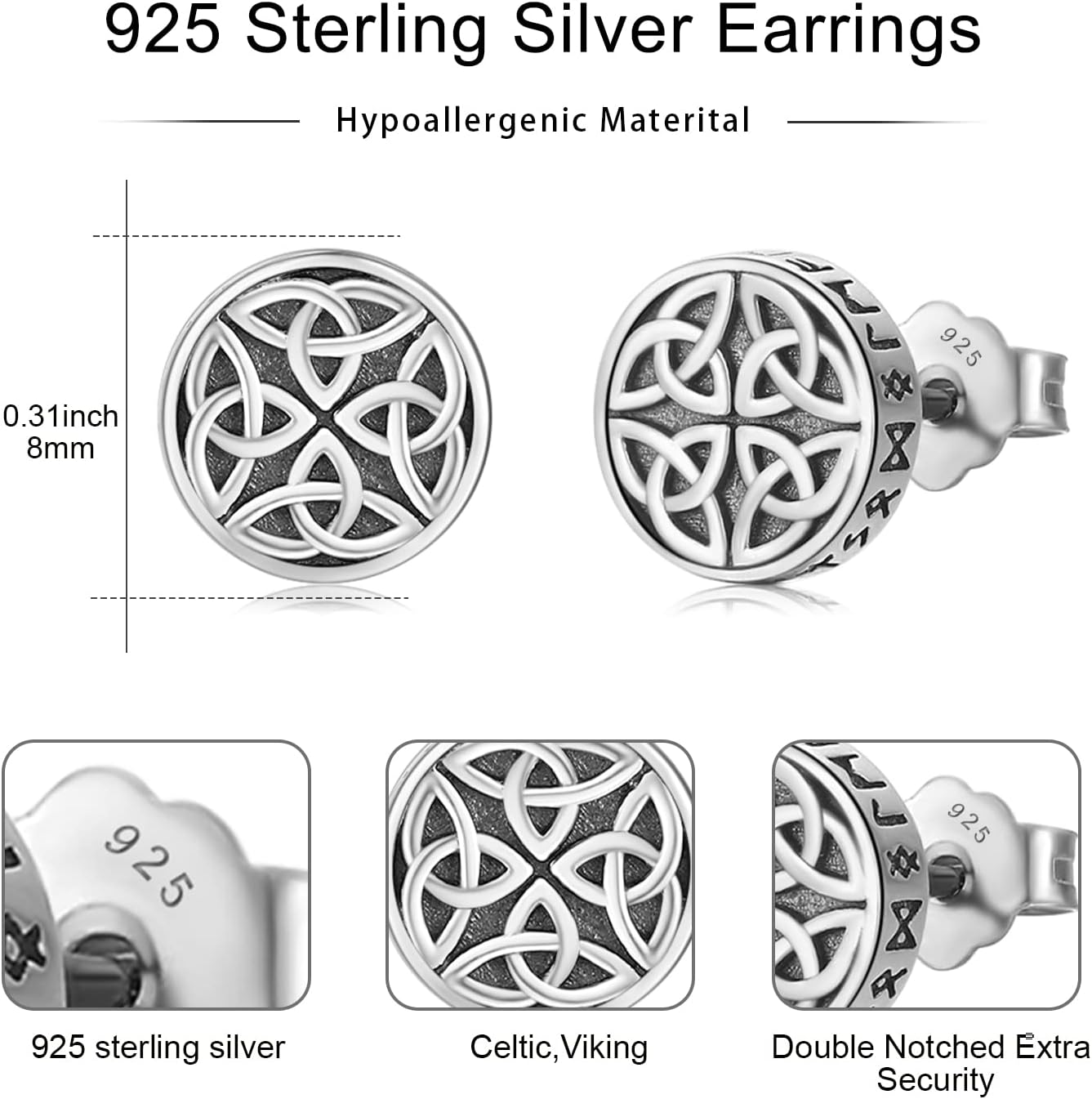 Black Onyx Earrings 925 Sterling Silver Celtic Viking Earrings Zircon Stud Earrings Hypoallergenic Punk Gothic Jewelry Gifts for Women Men