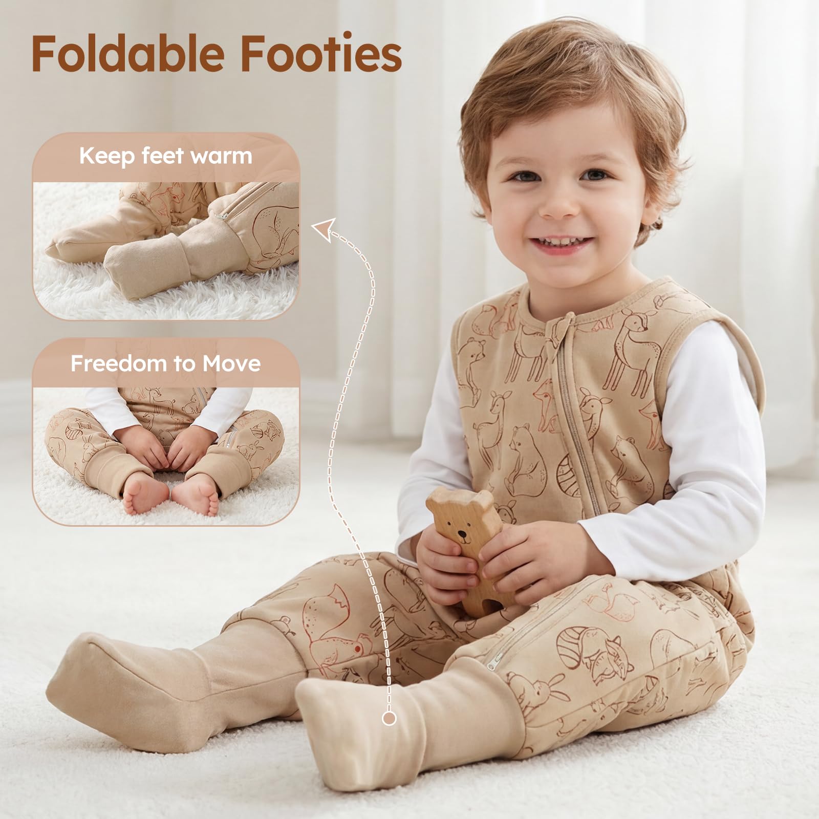 Unnivoll Baby Schlafsack mit Füßen 1,5 Tog 2er Pack Schlafsack Baby Baumwolle Ganzjahre Schlafsack mit Beinen Babyschlafsack Weich 90 cm für Jungen Mädchen Weißbrauner Fuchs