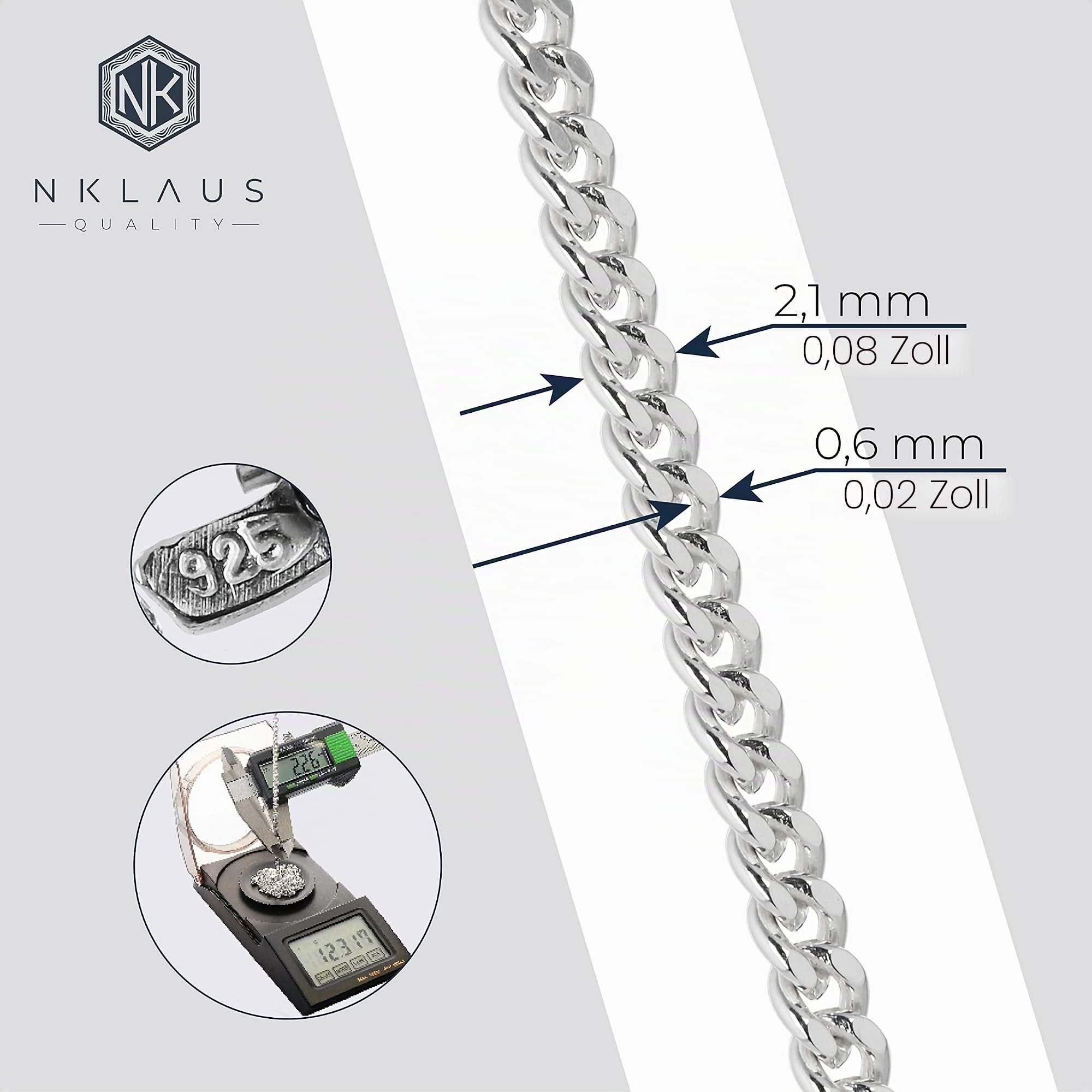 NKlaus Panzerkette aus echtem 925 Sterlingsilber, 2,10mm breit, 1 Stück | Nickelfrei; in verschiedenen Längen erhältlich