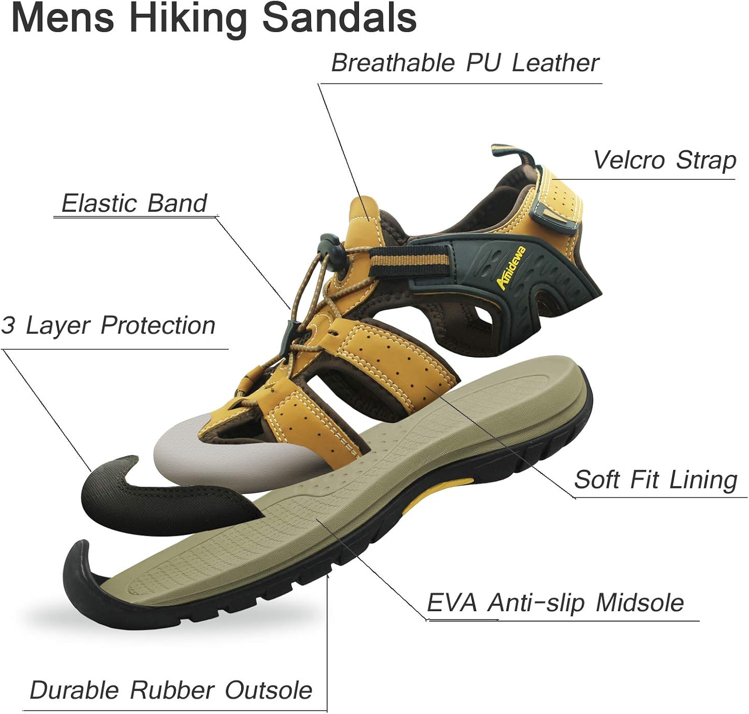 AMIDEWA Men's Sports Sandals Closed Toe Outdoor Water Shoes for Athletic Fisherman Beach Hiking Walking - BLACK - 9