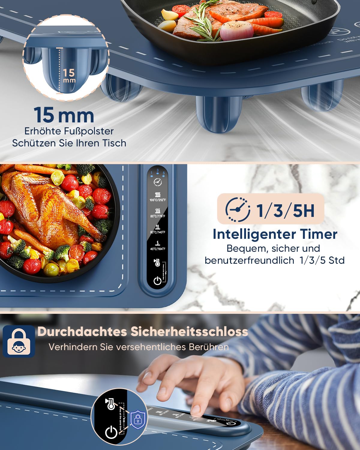 Lureshine Warmhalteplatte elektrisch mit 4 Temp.-Stufen & 1/3/5h-Timer,Rasch heizende Wärmeplatte essen,Speisenwärmer zum Aufwärmen & Auftauen