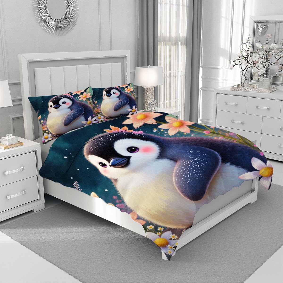 Komplet pościeli 220x240 cm czarny pingwin, łatwy w pielęgnacji zestaw pościeli z zamkiem błyskawicznym, zestaw poszewek na kołdrę z nadrukiem 3D do pieluchy dekoracji sypialni