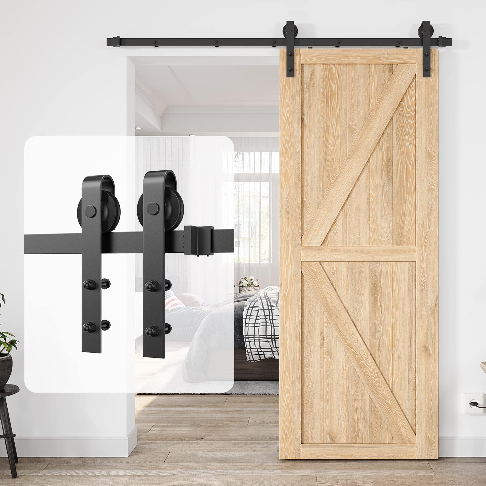 6ft Heavy Duty Sturdy Sliding Barn Door Hardware Kit Single Door - Smoothly and Quietly - Simple and Easy to Install - Fit 1 3/8-1 3/4" Thickness Door Panel(Black)(J Shape Hangers)