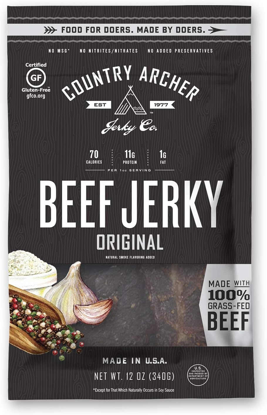 Original Beef Jerky by Country Archer, 100% Grass-Fed, Gluten Free, 12 Ounce