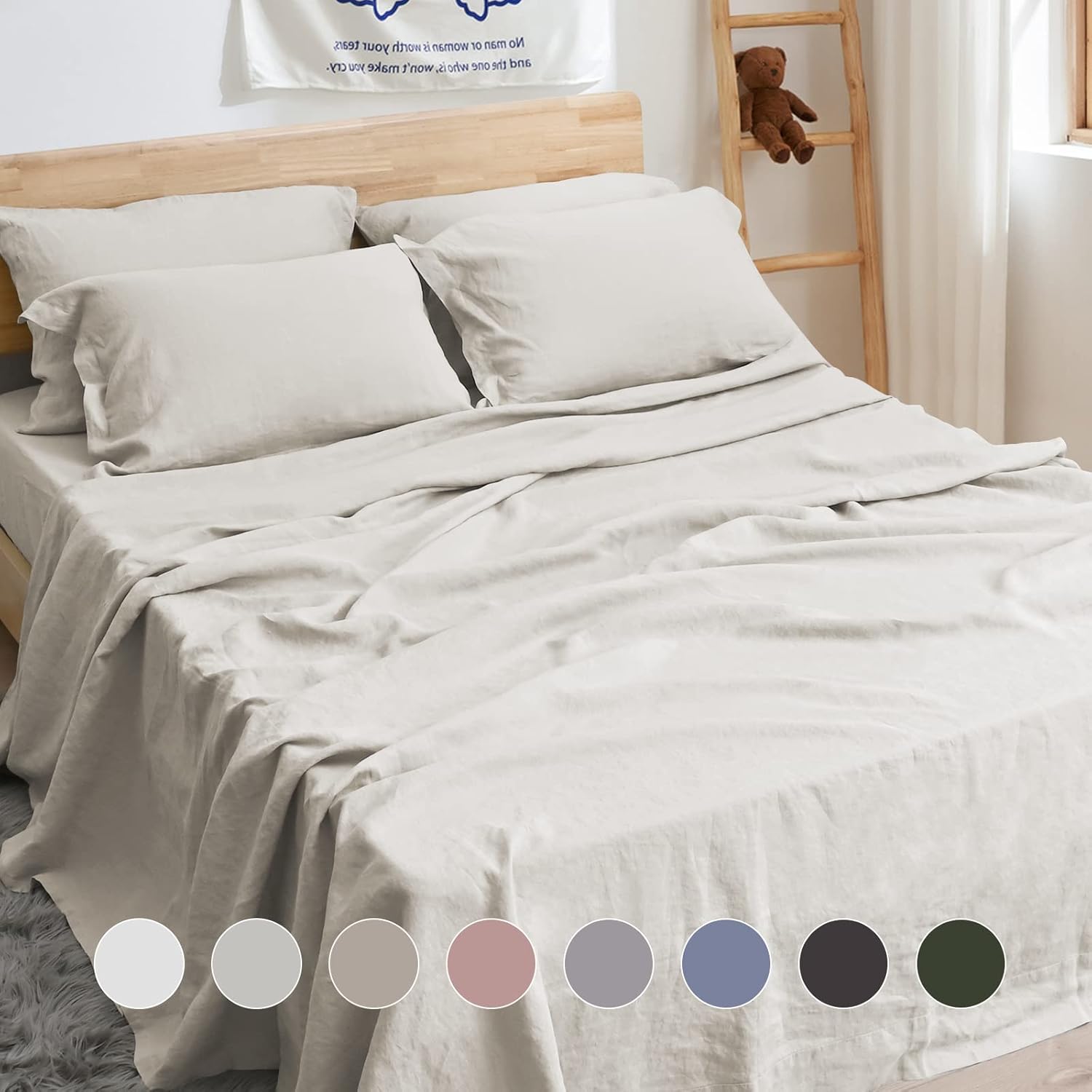 Sijo Premium Stone Washed 100% French Linen Bed Sheet Set, Small Batch Sourced from Normandy, Breathable and Durable, 4pc Set - 2 Pillowcases, 1 Fitted and 1 Flat (Blush, Queen - Complete 4 Piece) : Home & Kitchen