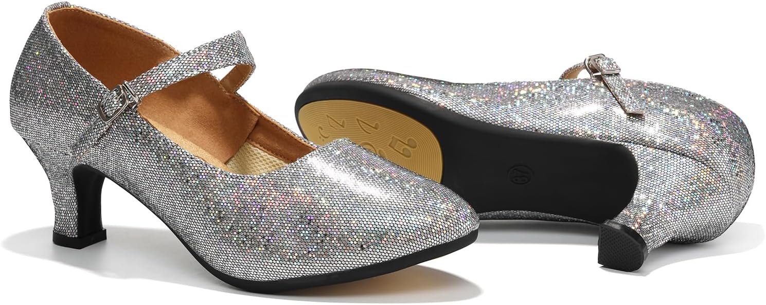 SWDZM Glitter Women's Closed Toe Latin Ballroom Dance Shoes Sequins Salsa Tango Character Scocial Dancing Shoes,Silver,Heel 5.5",Rubber Sole,7 US