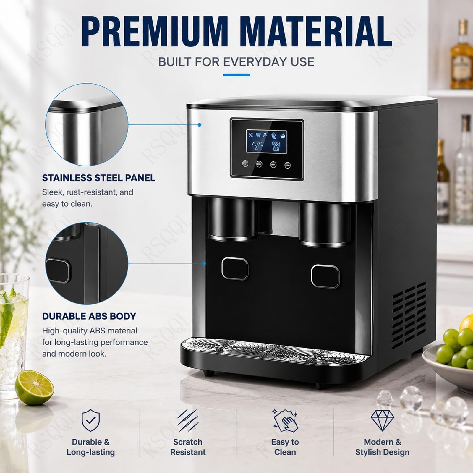 Máquina de hielo for encimera 3 en 1, acero inoxidable | Con ventana de visualización, produce cubitos de hielo, hielo triturado y agua fría, ciclo de 8 a 12 minutos.(Blue)