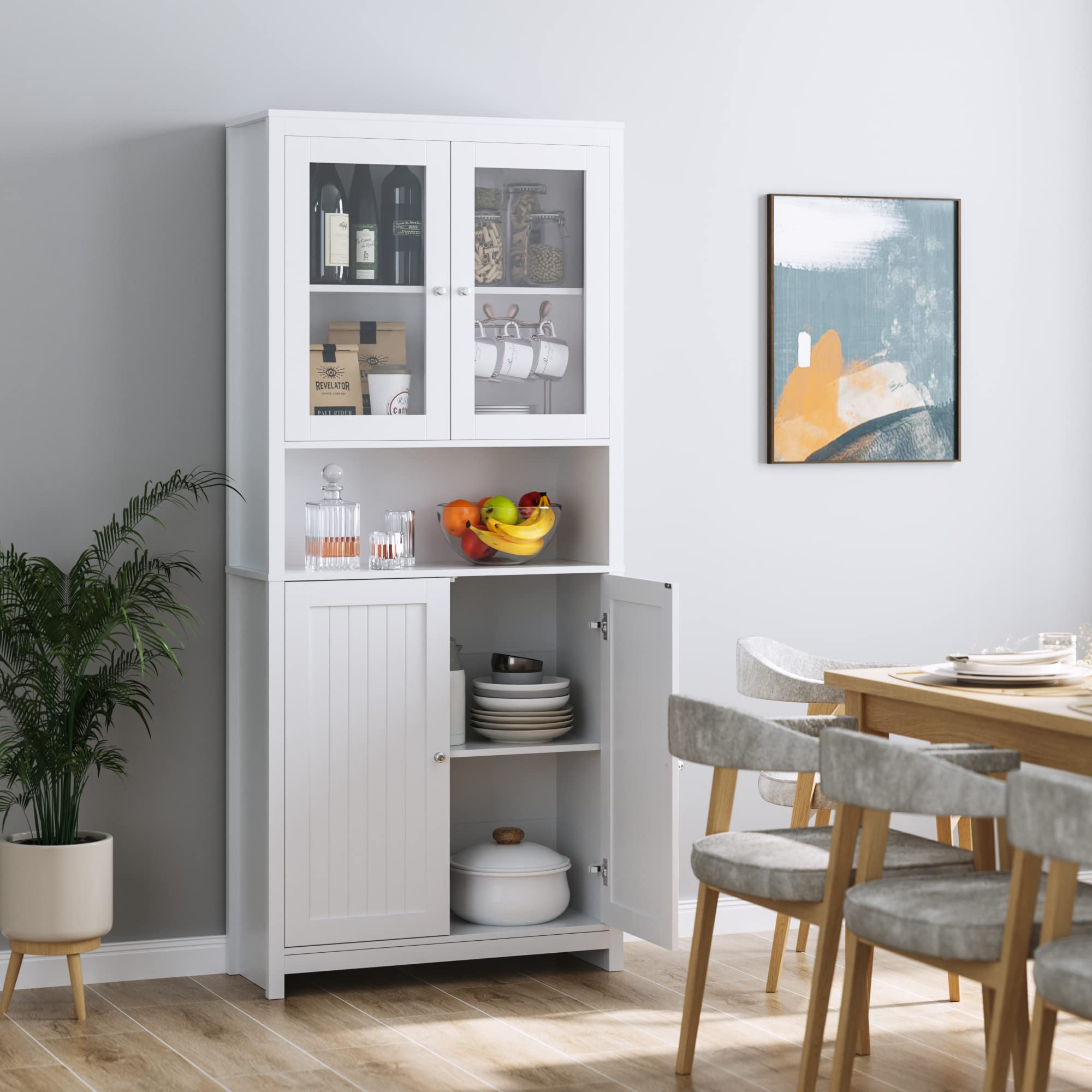 FOREHILL 190cm Credenza Cucina,Mobile Buffet Dispensa Cucina,Credenza Alta da Cucina,Mobiletto Multiuso con Vani Aperti e Armadietti, per Soggiorno, Ufficio(Bianco)