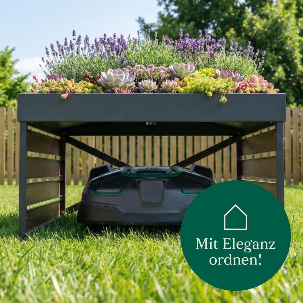 CASABEL Cobertizo para Robot cortacésped, Acero galvanizado, con Jardinera | Protección contra la intemperie, Acero galvanizado resistente, Jardinera integrada, Refugio universal, Efecto madera