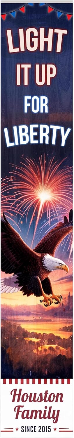 Personalized 4th of July Welcome Sign for Front Porch, Custom Patriotic Porch Sign with Family Name and Date, Rustic Welcome Home Decorations for Outdoors, 48x8" PVC Sign, Design 1