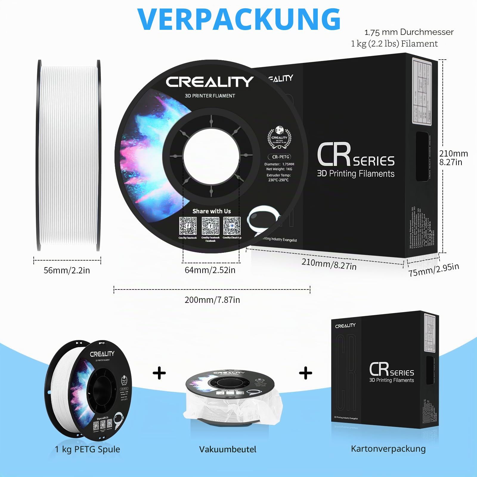 Creality Official PETG Filament Schwarz+Weiß, PETG 3D Drucker Filament 1.75mm 4Kg, No-Tangling, starke Bindung und Überhang Leistung Maßgenauigkeit +/-0.03mm