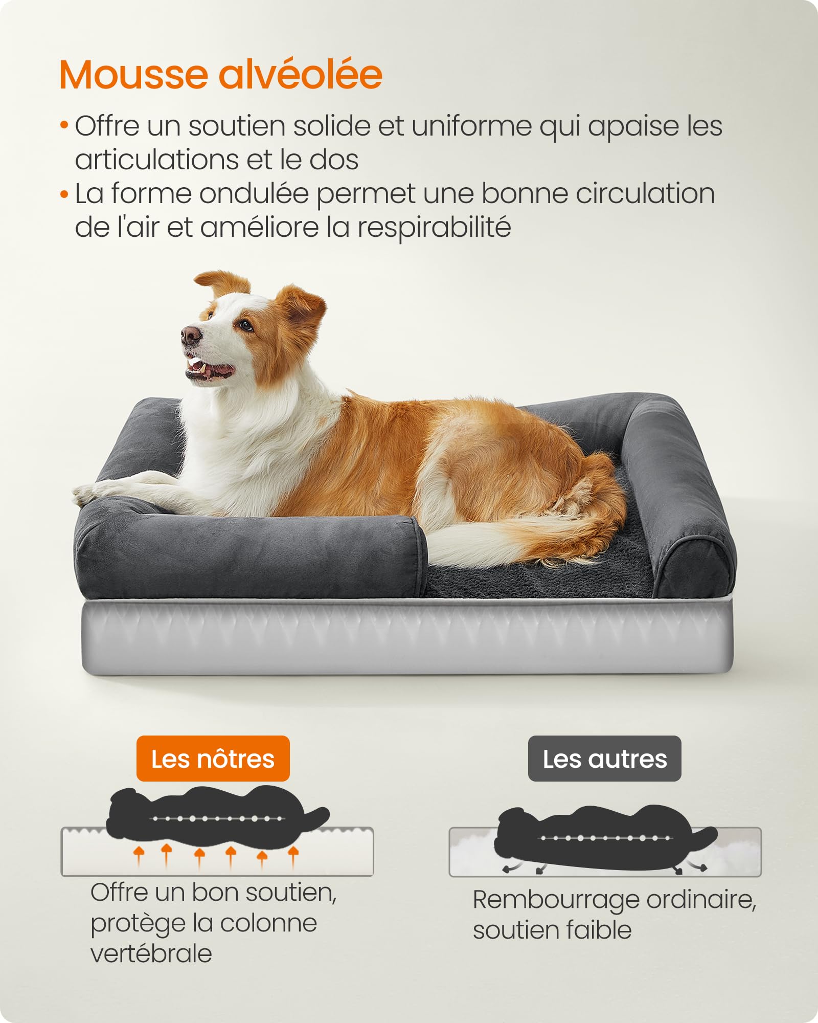 Feandrea Panier pour Chien Orthopédique, Canapé, Lit pour Animaux, Rembourrage Moelleux, Bords Rehaussés, Housse Amovible et Lavable, 91 x 63 x 18 cm, Antidérapant, Gris Foncé PGW076G01V1