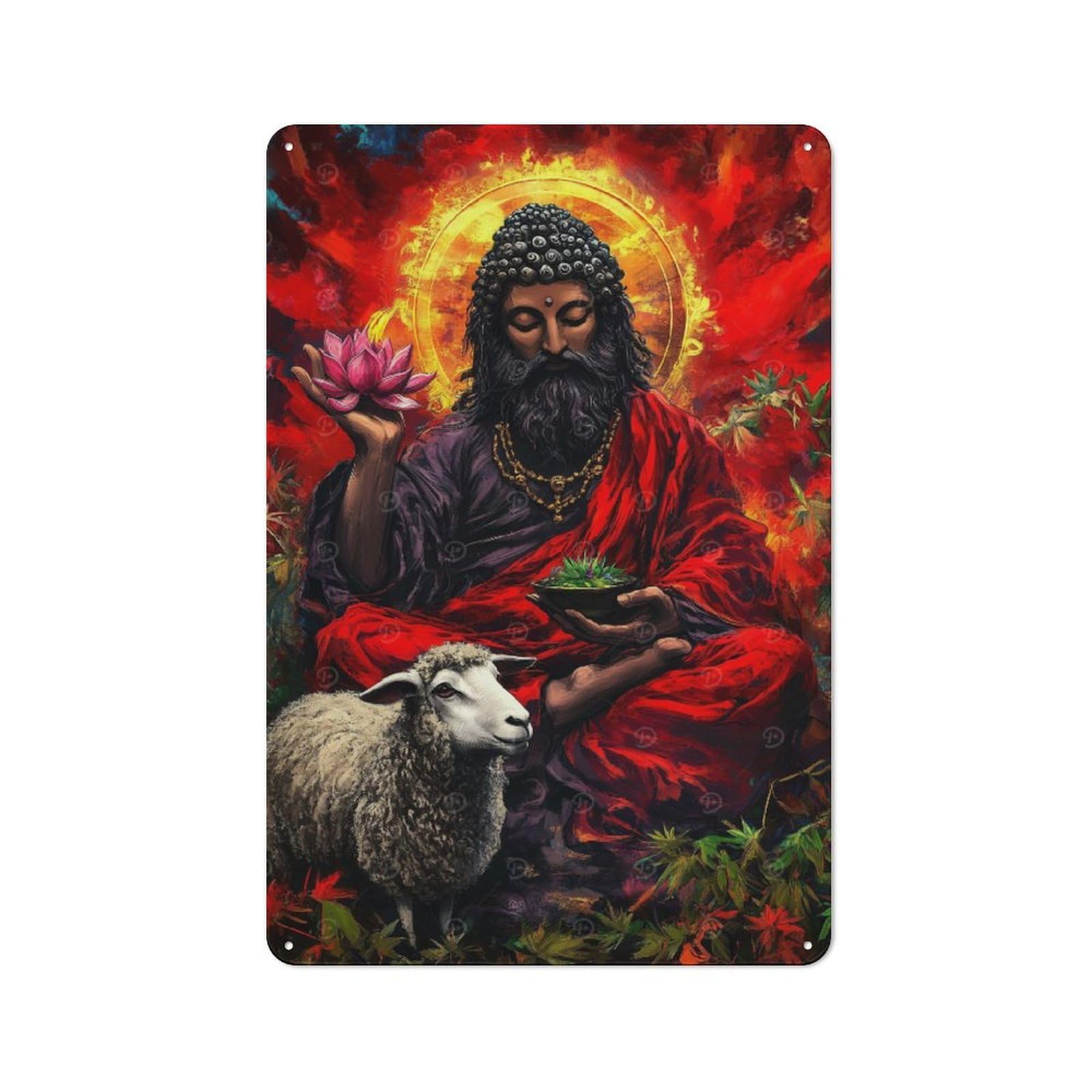 Junmoney Spiritual Figure With Lotus And Sheep Tin Wall Sign With Design 30X20cm, Classic Bistro Wall Plaque For Bakery, Diner, Cafe Or Family Room