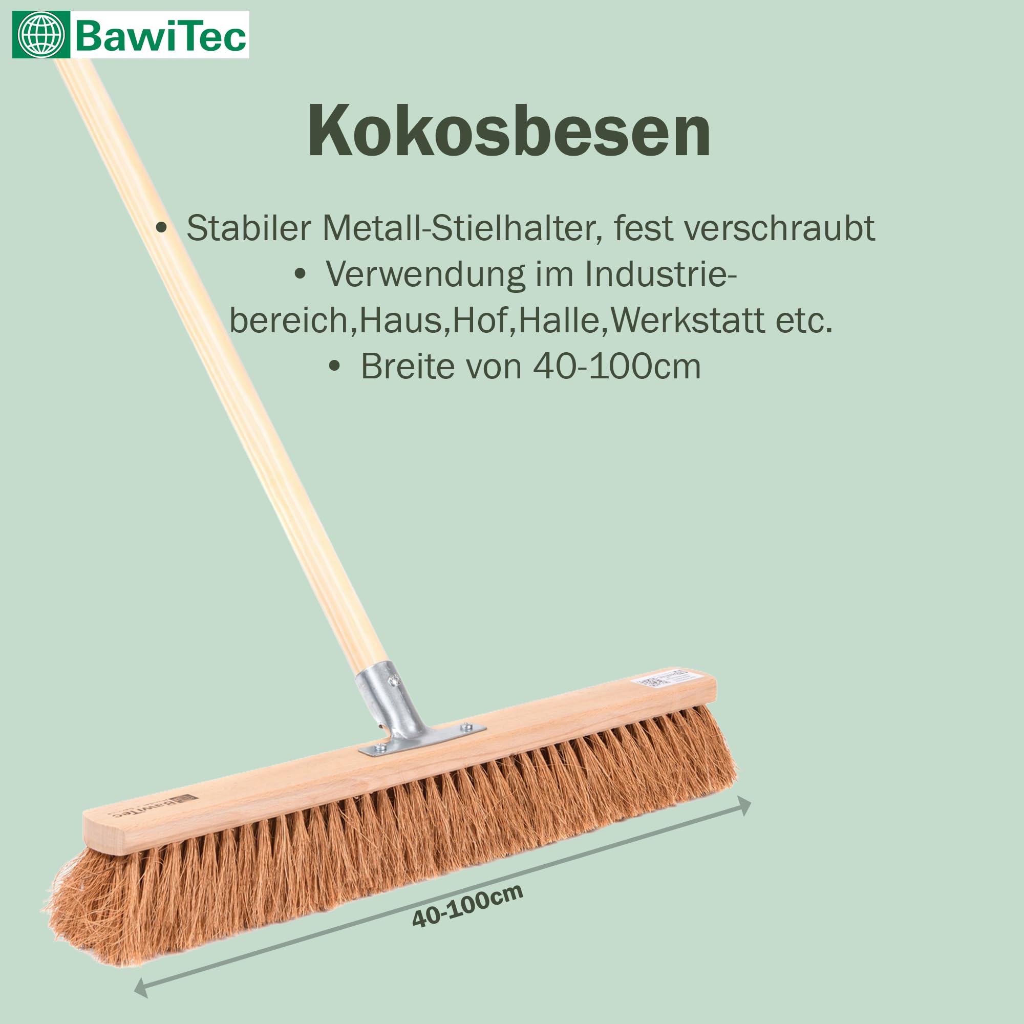 Kehrbesen Kokos Borsten 100cm mit Stiel 160cm Lang Besen Holz Besenstiel | Industriebesen, Handwerkerbesen, mit Metall-Stielhalter, mit Geräte-Holzstiel 28mm