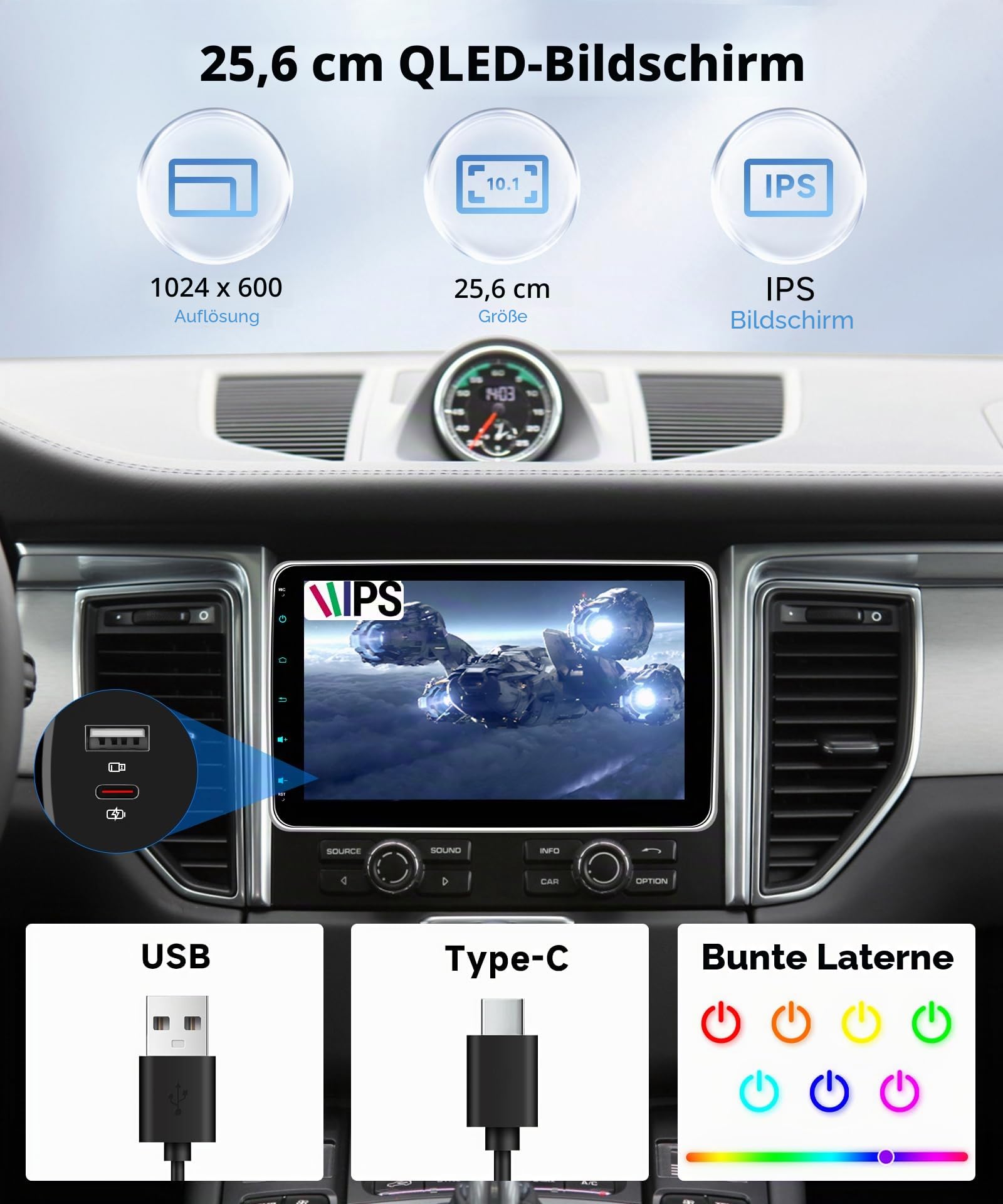 Hodozzy 1 Din RDS Autoradio mit Drahtlose CarPlay Android Auto, 10 Zoll Abnehmbarer Bildschirm mit USB Type-C/Bluetooth 5.2/FM/EQ/SWC+Rückfahrkamera