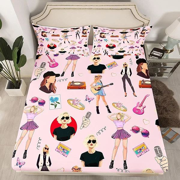 jejeloiu Music Bedding Set Full Size Girls Singer Bed Cover Gifts for Women Music Lovers Girly Guitar Bed Sheets Coworker Sister Friends Deep Pocket Fitted Sheet Pink Room Decor (No Top Sheet)