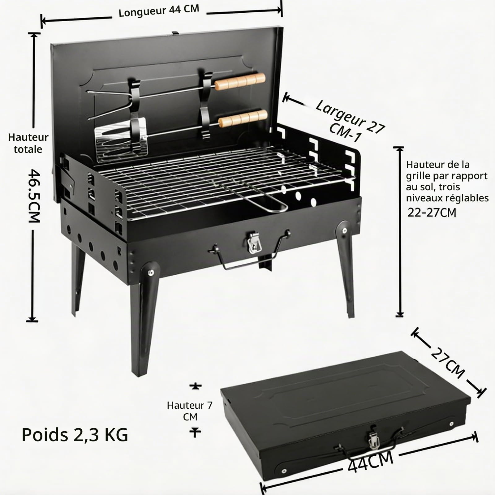 Barbecue Charbon de Bois Pliable Portable avec 3 Niveaux Réglables, BBQ Compact pour Jardin et Camping