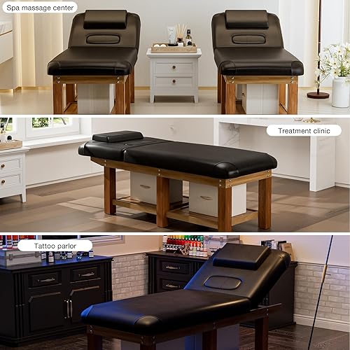 Miniatura 8 de SyyBhb Mesa de masaje de madera estacionaria profesional con almacenamiento, cama de spa resistente para examen de tratamiento, terapia física,