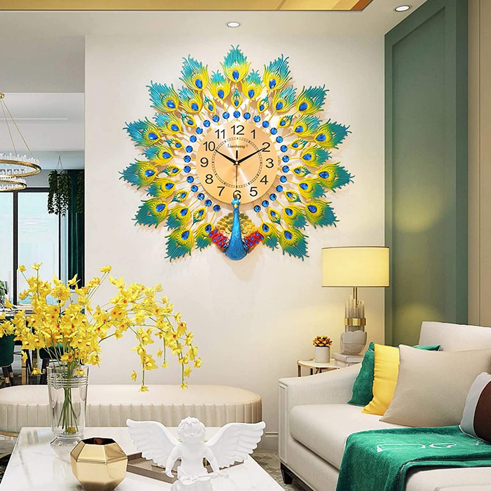 Sjdopulse Wall Clock Art Large Clock Peacock Clock Crystal Decor Large Clock, Living Room Wall Decor Mute Non Ticking 3D Metal Big Clock Quartz Clock, 80 * 75Cm Decor Wall Clock,80 * 75Cm