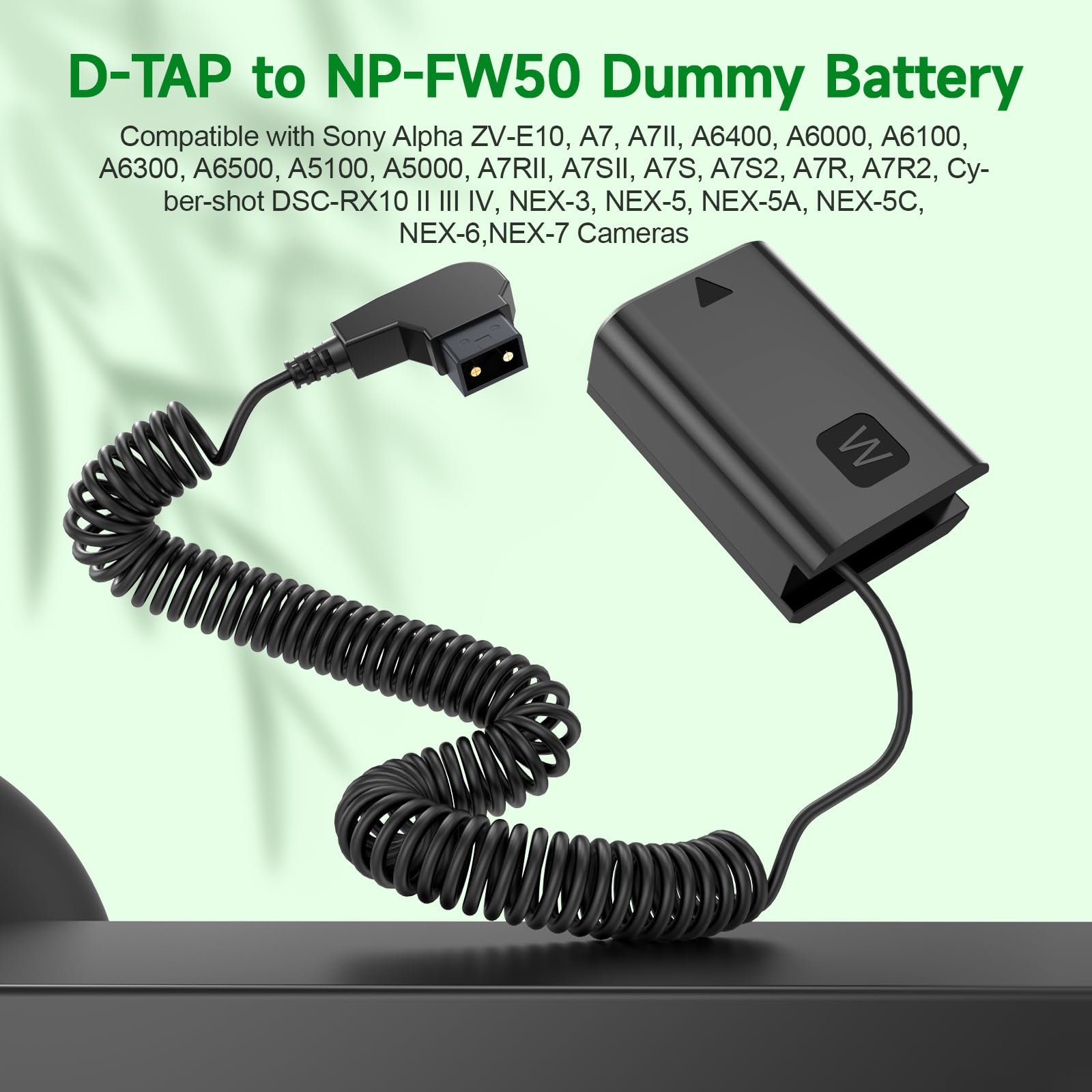 Cable de batería ficticia D-Tap a NP-FW50 para batería con Montura en V, Compatible con Las cámaras Sony Alpha ZV-E10, A7, A7II, A7RII, A7S, A7SII, A6000, A6100, A6300, A6400, A6500, A5000