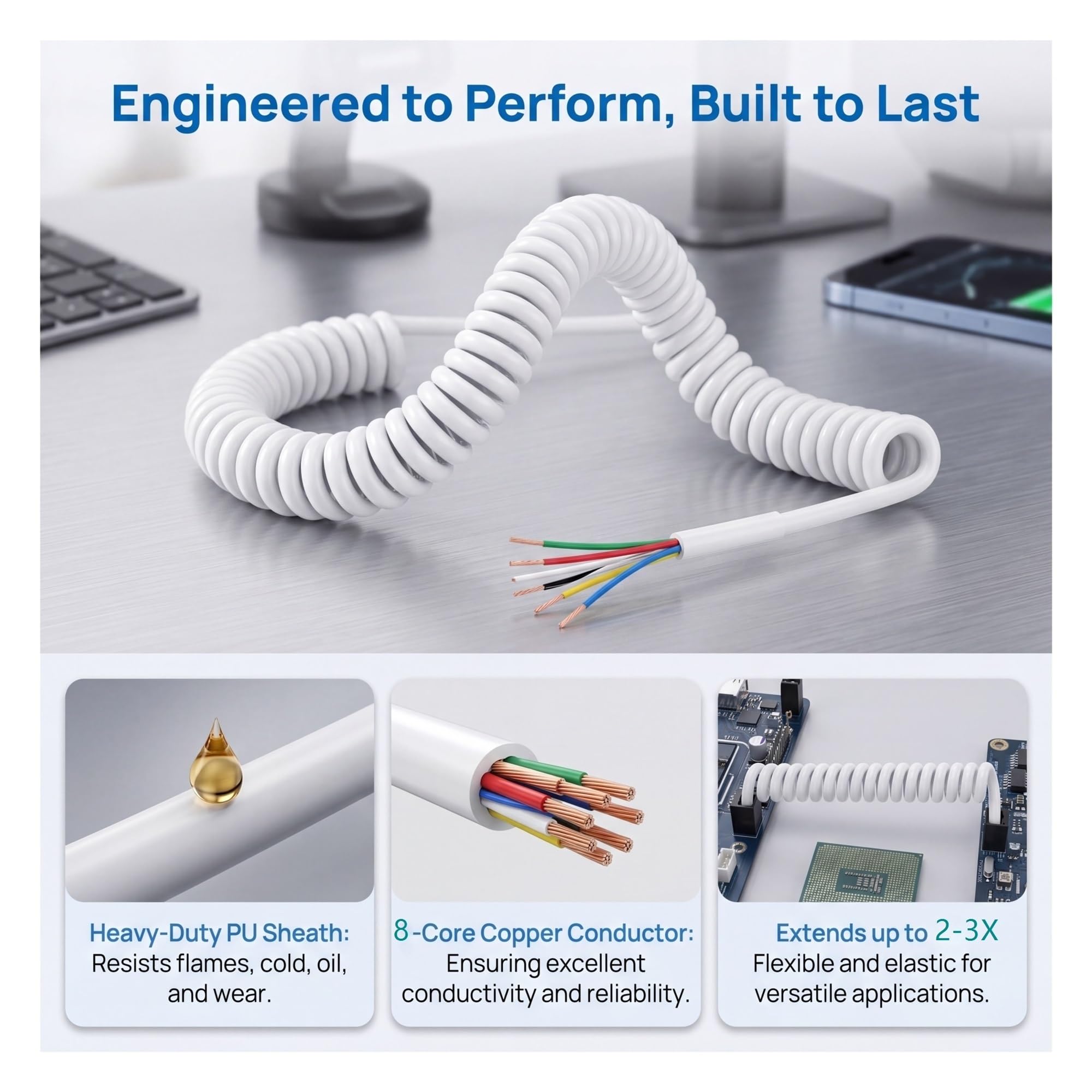 Cable espiral blanco 8 núcleos 26 AWG 0,15 mm | Cable telescópico flexible for cableado electrónico y aplicaciones generales.(Stretch 5 meter)