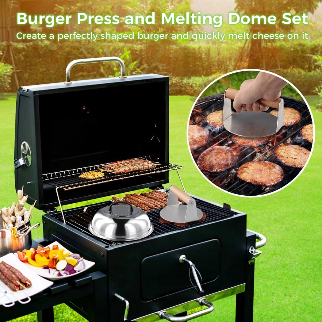Burgerpresse und 29 cm Schmelzkuppel, Edelstahl-Burgerpresse zum Grillen und Kochen, 13 cm