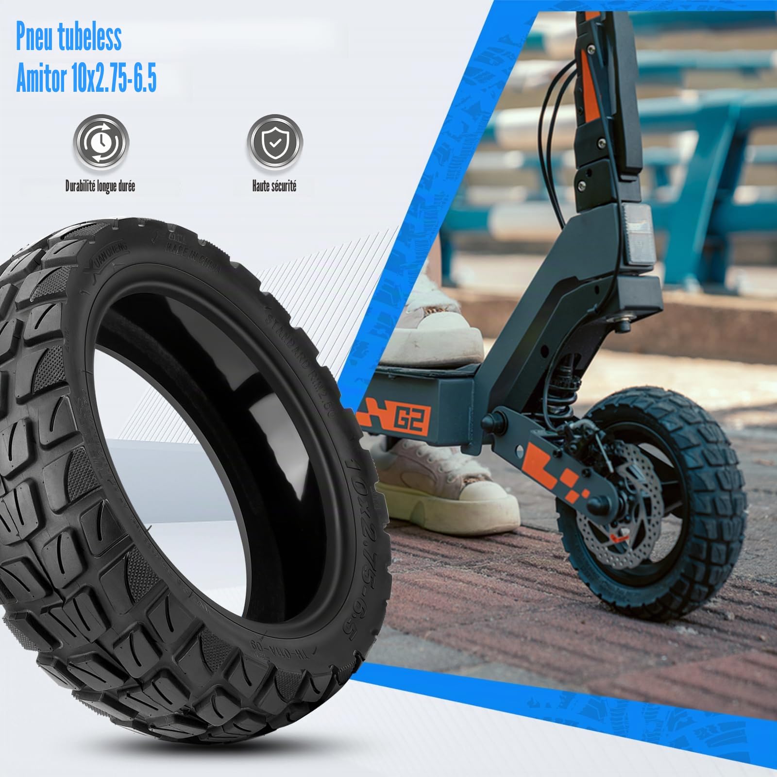 Pneu 10x2.75-6.5 Tubeless Offroad pour Kukirin G2 Master Trotinette, Pneu Tubeless 10x2.75-6.5 avec Gel Auto Réparer, 10 Pouces Pneu Sans Chambre a Air avec Valve, Anti-Usure & Dérapant, 1PCS