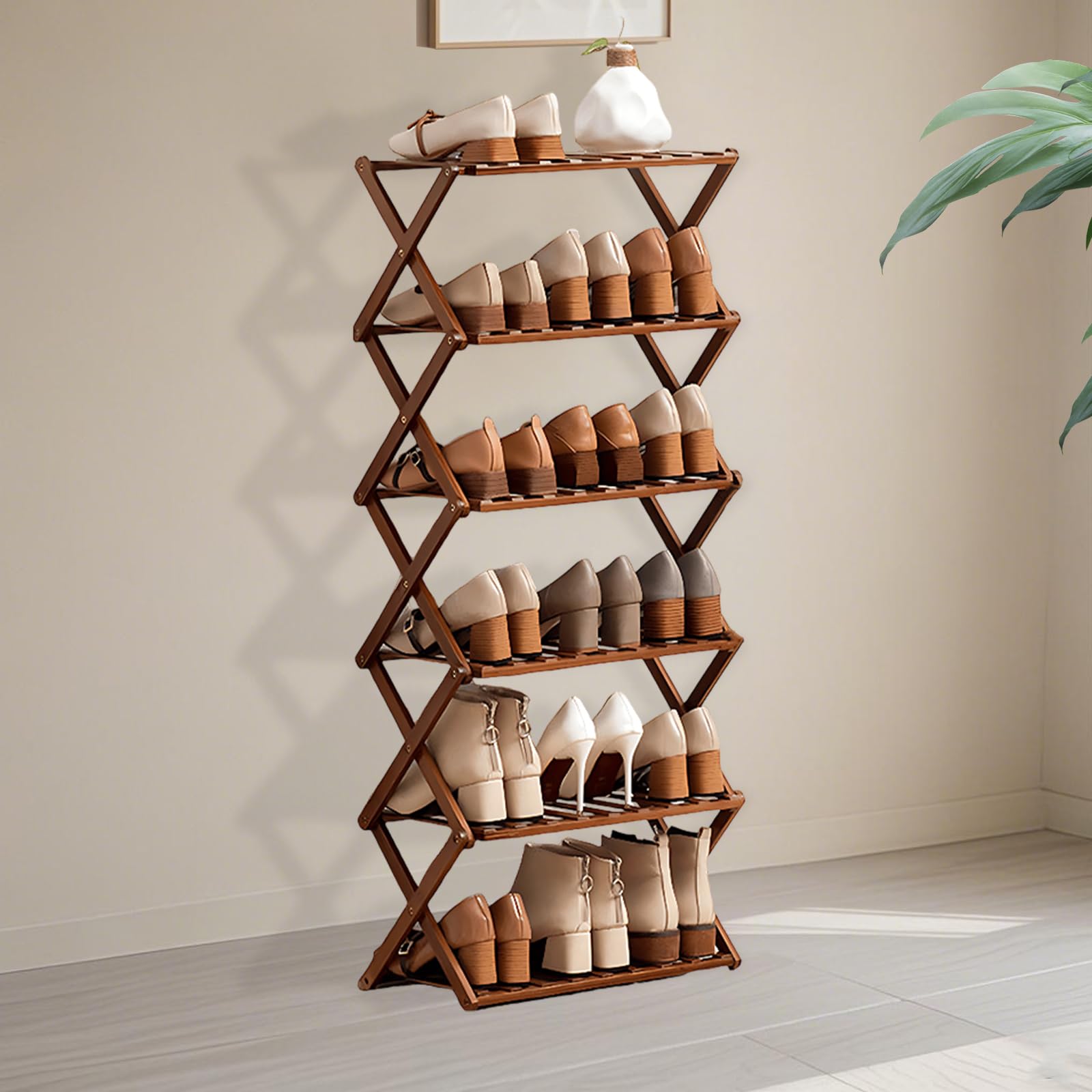 Kiss Me 6 Tier Bamboo Shoe Rack Portable Folding Free Standing Shoe Storage