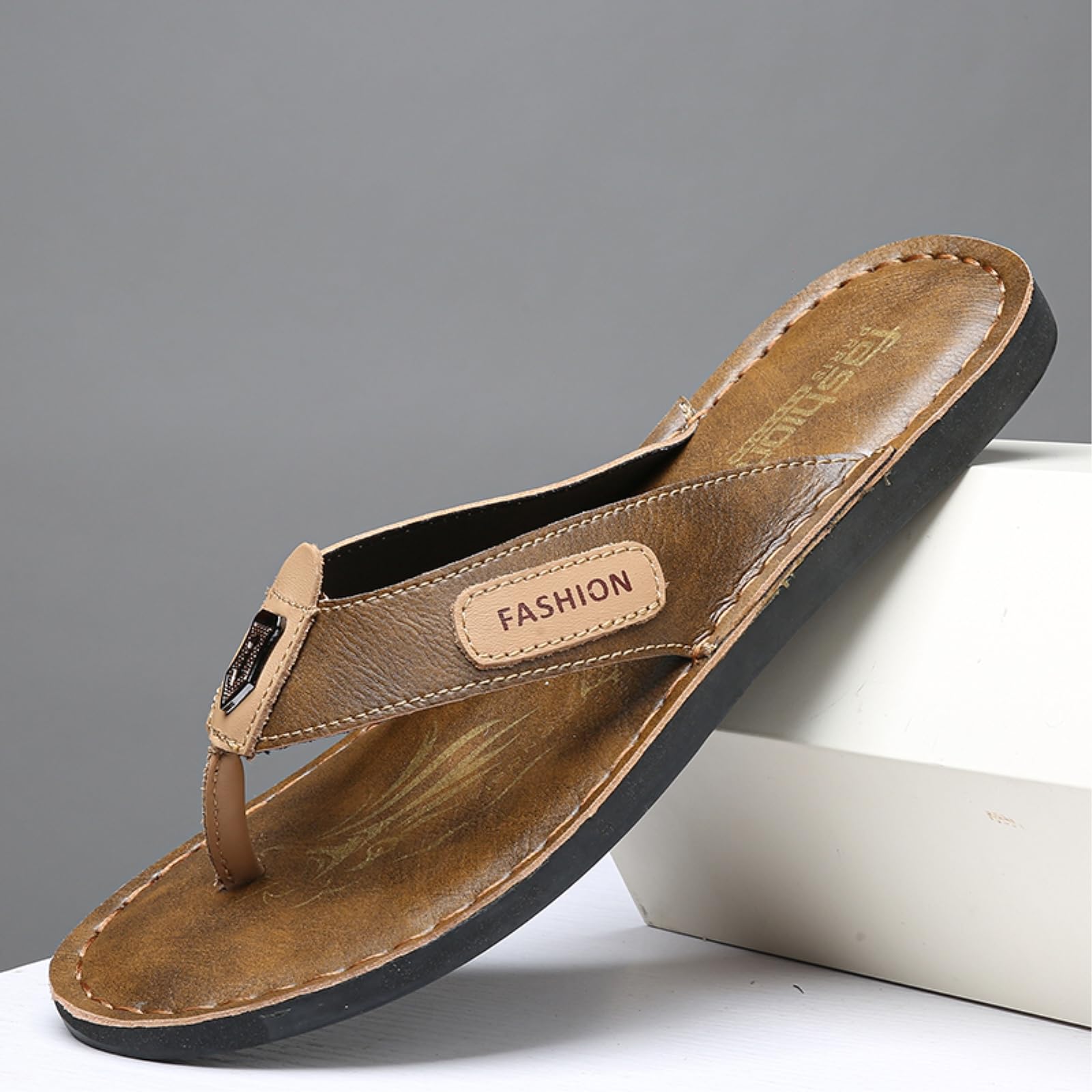 Infradito Uomo Uomini in Pelle Divisa Cucita Tanga Flip Flops, Piatta Maglia Foderata Morbido Eva Gomma Antiscivolo Sandali da Spiaggia per L'Estate All'aperto-brown-44