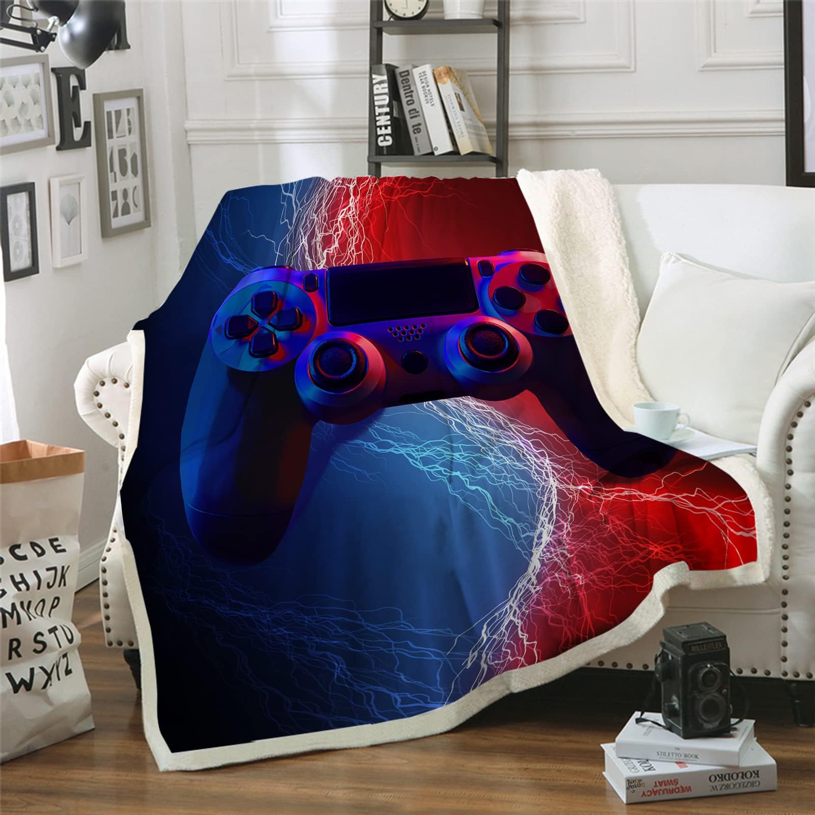 HAVOP Gaming Blanket Throw For Kids Boys Gamepad Gamer Controller And Lightning Printed Blue Red Blankets Throws Soft Sherpa Fleece Blankets Bed Throws For Kids Adults And Teens