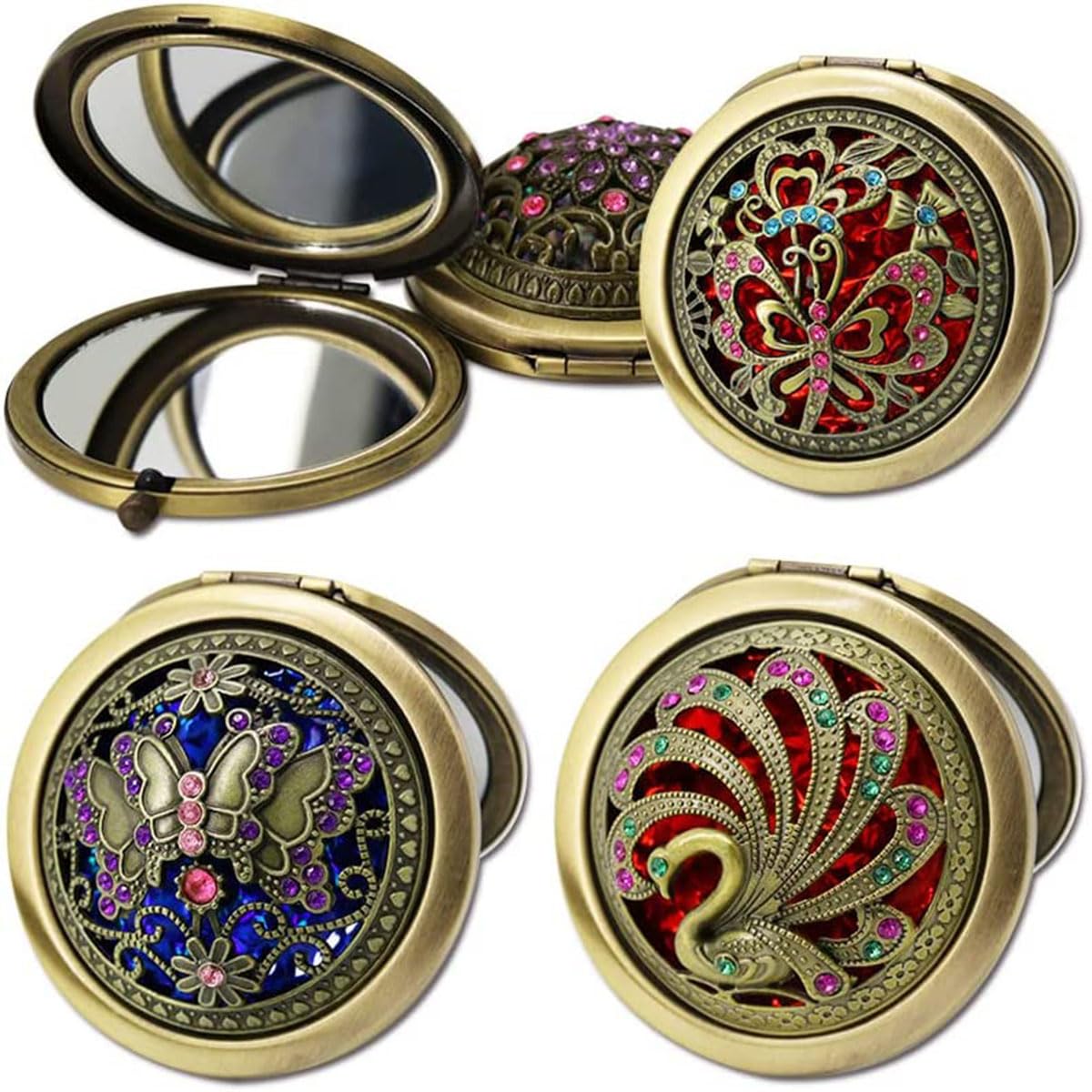 Women's Pocket Size Antique Metal Double-Sided Magnifying Compact Mirror with Clasp-Assorted Vintage Brass Style Embellished Rhinestone Designs (Pack of 3) (Round Framed Tabletop mounting)