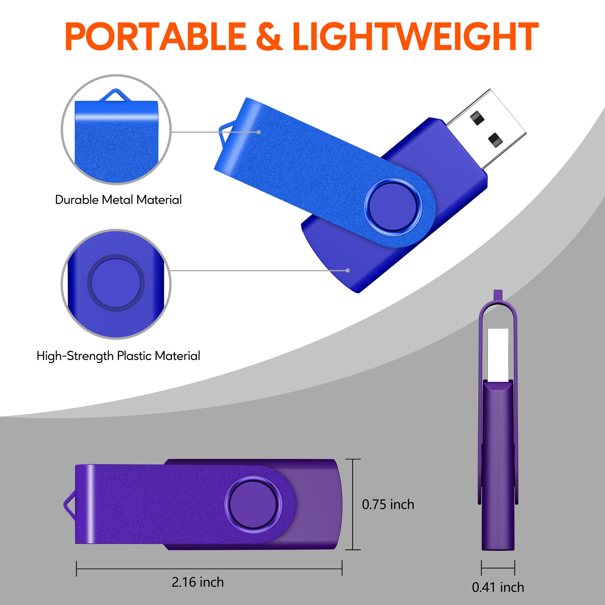 Lot de 2 Clé USB Pivotantes 64Go USB 2.0 Flash Drive Stockage Rotation Disque Mémoire Stick USB U Disque avec Lumière LED, 2 Cordes, Bleu/Violet
