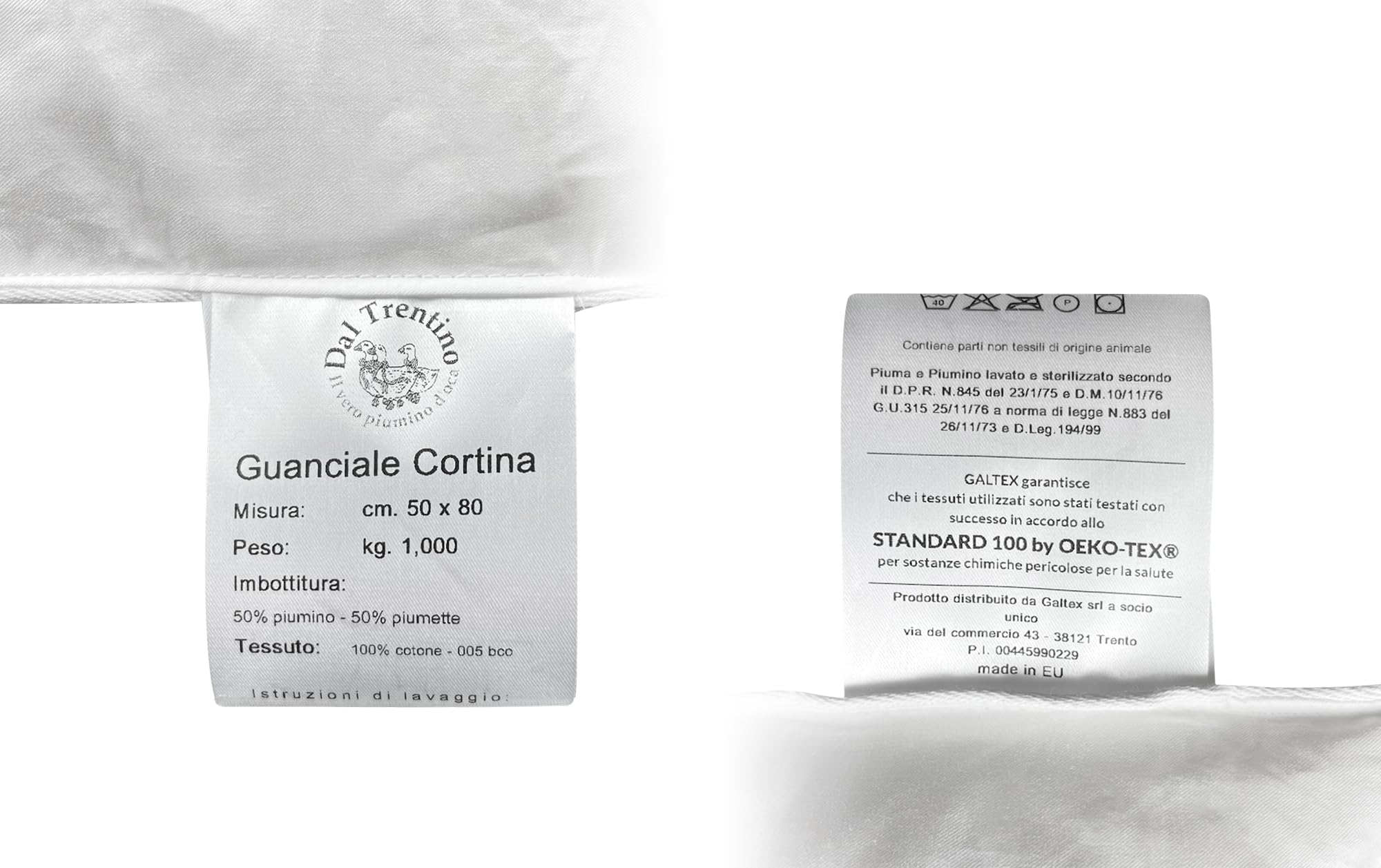 IlGruppone Guanciale dal Trentino in Vera Piuma D'Oca Cuscino Letto Bianco Forma A Saponetta 50 x 80 Cm Prodotto Certificato Oeko Tex Pregiato qualità Hotel Albergo