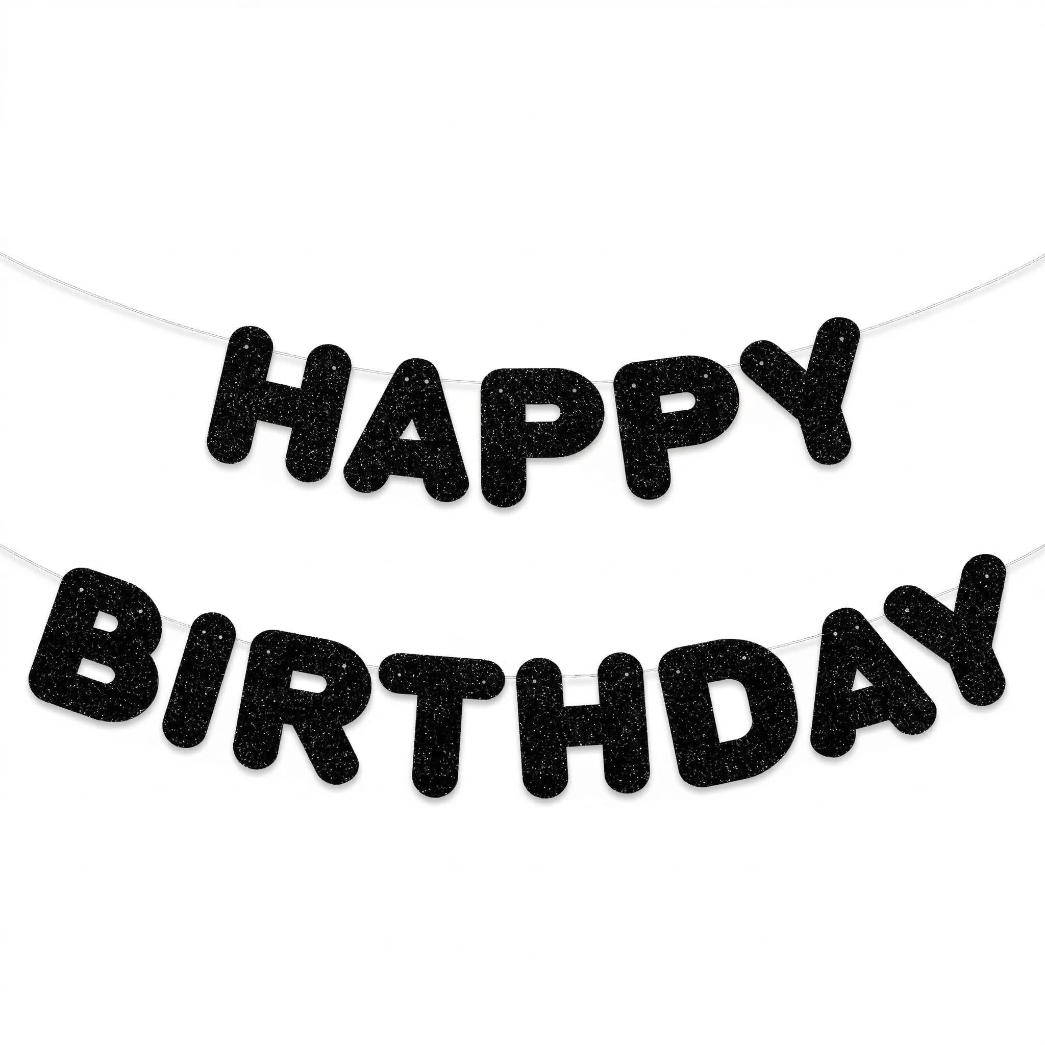 Black Glitter Happy Birthday Banner Birthday Sign, Bunting Wall Door Banner Flag for Women Men Boys Girls Party Backdrop Decorations