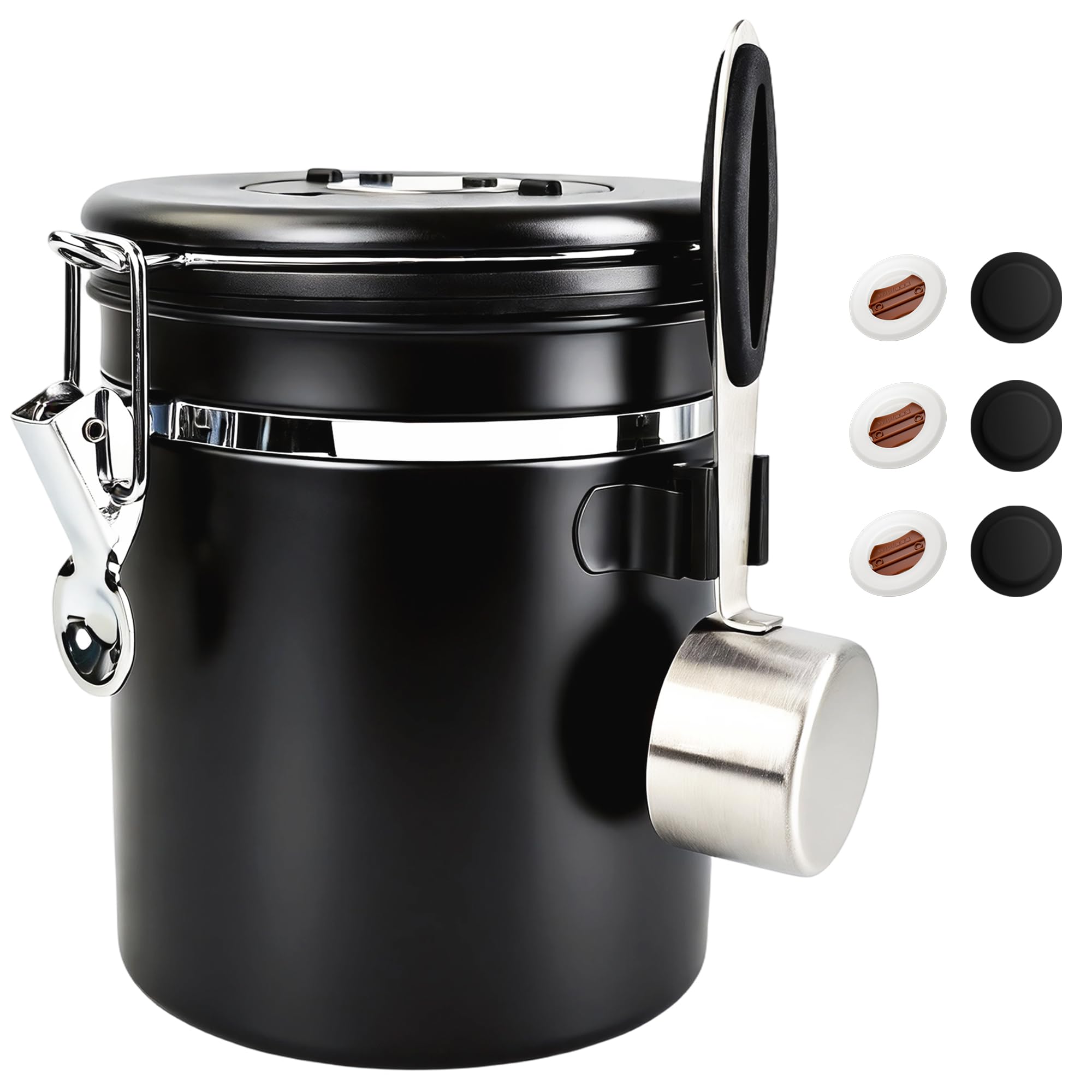 ShanSon Coffee Canister Airtight, Stainless Steel Bean Storage Container with Date Tracker &amp; Scoop, Grounds Sugar Flour Tea Cereal Fits Kitchen Pantry, Ideal Gift for Coffee Lovers,16oz, Black