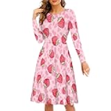 VIewamoo Long Sleeve Dress for Women Casual Fall Winter Flowy Dresses Crew Neck Swing Dresses High Waist Knee Length Dress