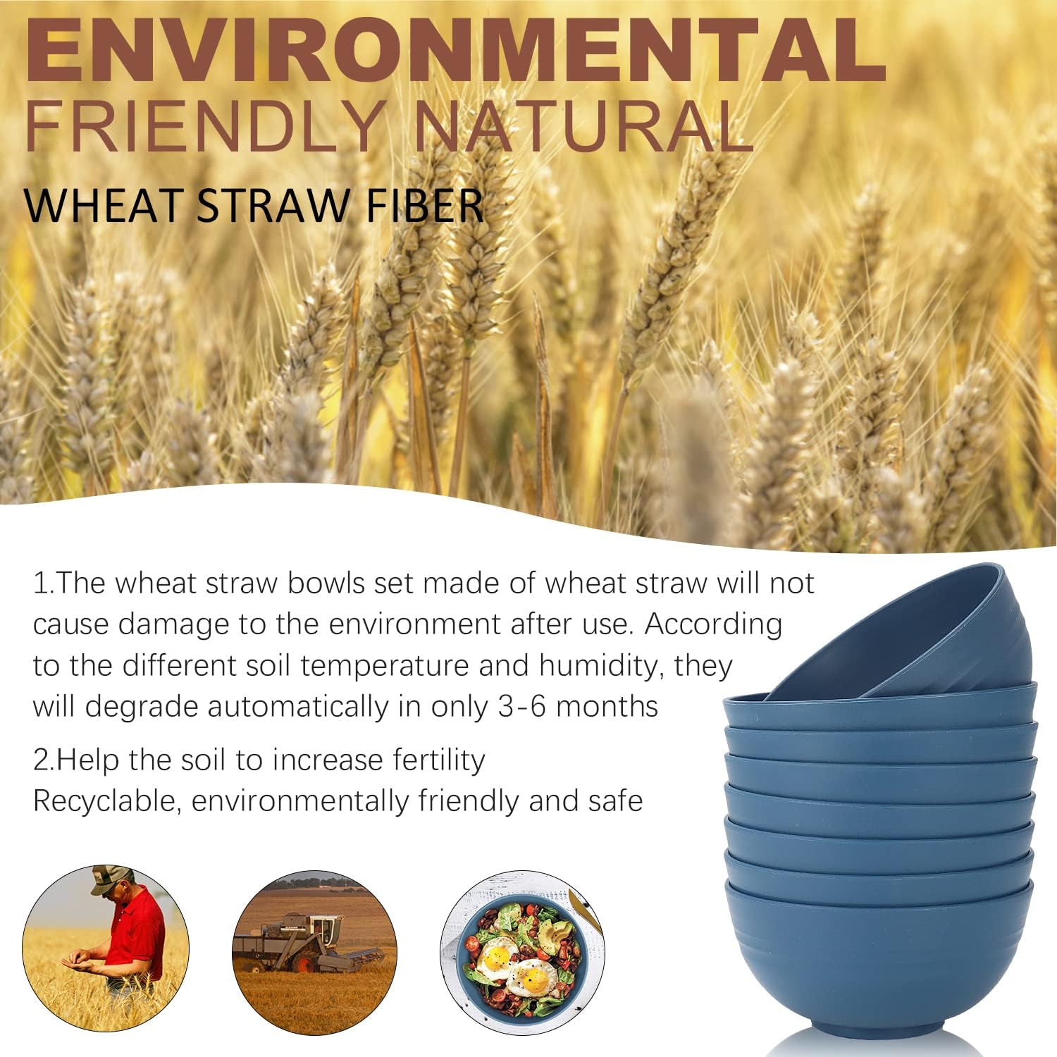 Homienly Soup Bowls, Cereal Bowl, Premium Wheat Straw Bowls Set of 8, Unbreakable Plastic Bowls Microwave Safe, Dishwasher Safe Serving Bowl for Kitchen, Breakfast, Dinner, Salad, Poke (Blue, 26 OZ) - Image 5