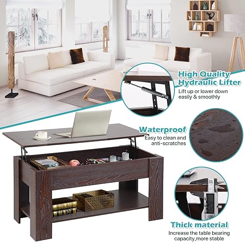 Miniatura 9 de Mesa auxiliar elevable, mesa de centro de madera ajustable de 39.4 pulgadas de altura con compartimento oculto y estante inferior de almacenamiento