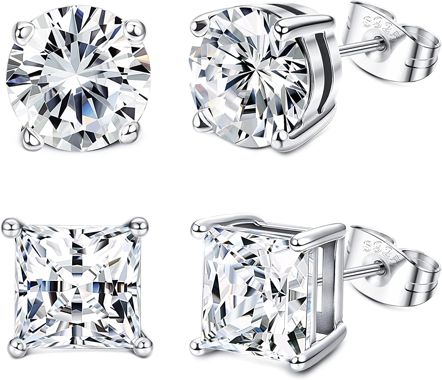 MILACOLATO 2 Pares de Pendientes de Tuerca de Plata de ley Para Mujeres y Hombres Pendientes Chapados en Oro Blanco de 18 Quilates Circonita Cúbica Cuadrada Redonda Diamante Simulado Pendientes