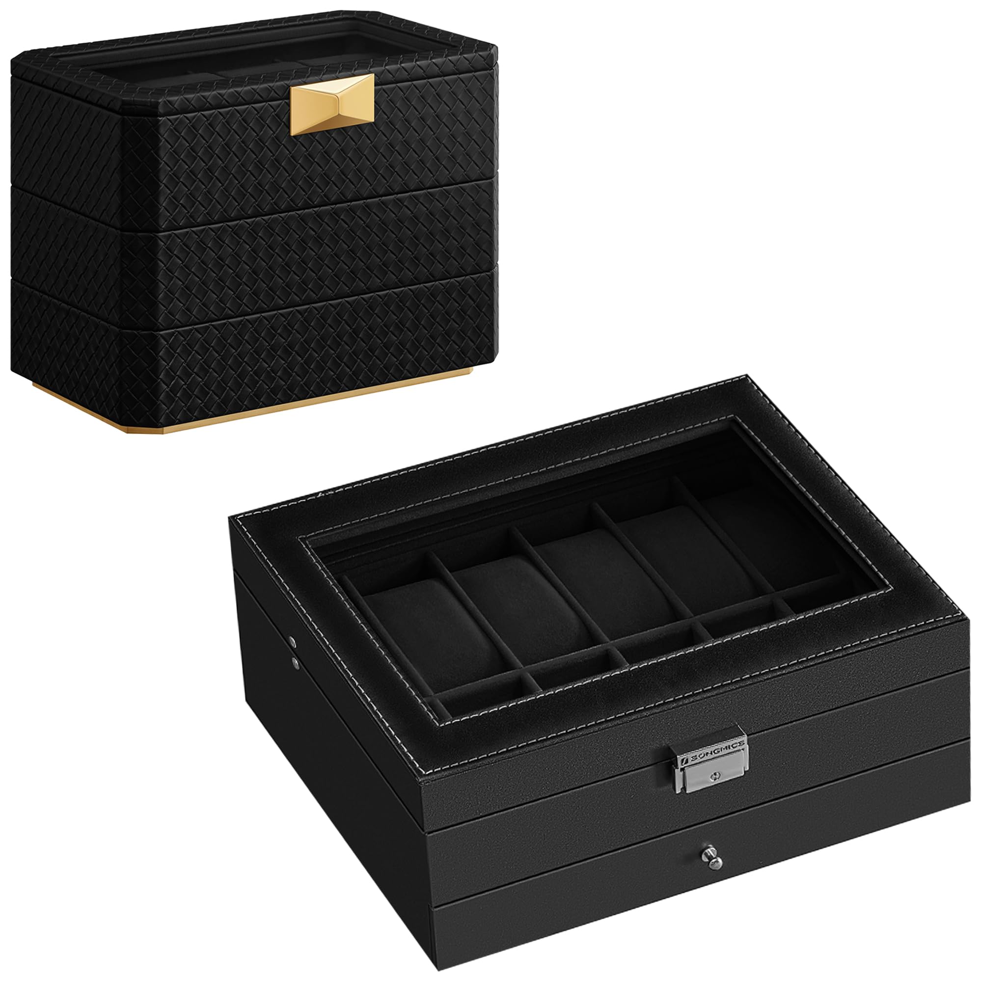 SONGMICS 12-Slot Watch Box and 3-Tier Watch Box Bundle, Lockable Watch Case with Glass Lid, Stackable 8-Slot Watch Case, Gift Idea, Ink Black Surface, Ink Black Lining UJWB012B03 and UJWB021