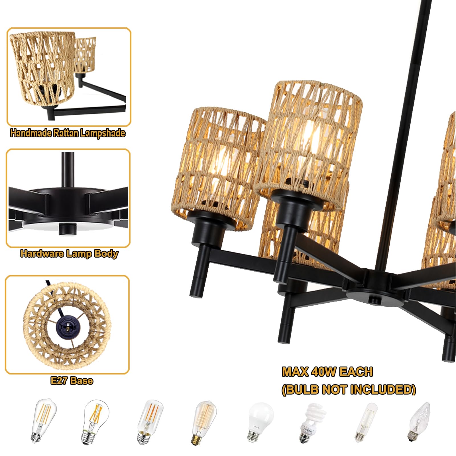 Lampara Araña Techo Negro Vintage 6 Luces Ratán Boho Luz Colgante Altura Regulable E27 Rústica Retro Iluminación de Techo