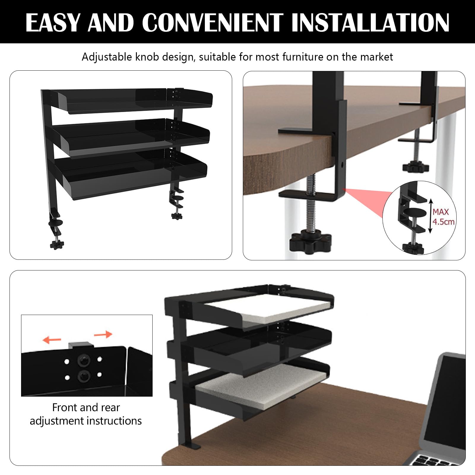 Étagère de bureau à clipser - Cadre de table à 3 niveaux - Noir - Pour la maison, le bureau et l'école (44 x 22 x 39 cm)