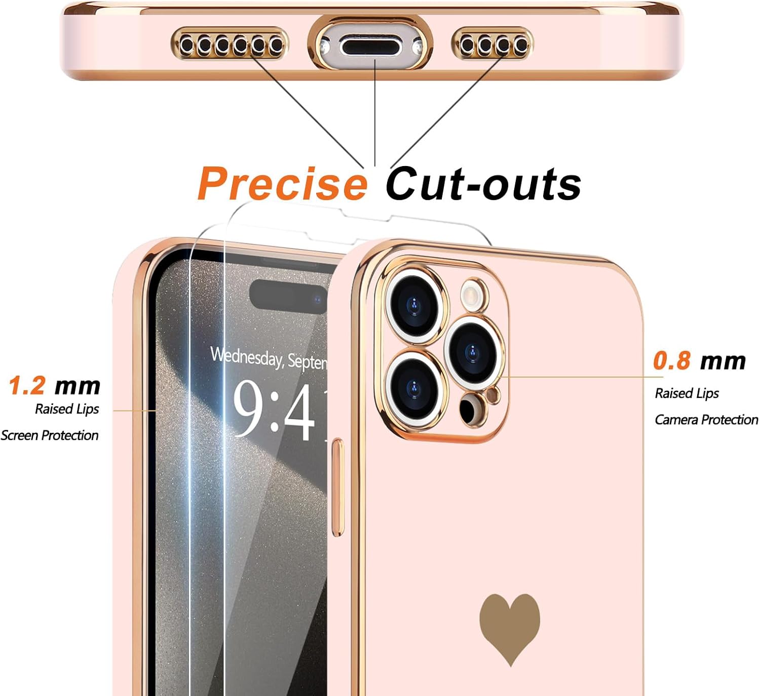 Teageo for iPhone 15 Pro Max Case with Screen Protector [2 Pack] Girl Women Cute Girly Love-Heart Luxury Gold Soft Cover Camera Protection Silicone Shockproof Phone Case iPhone 15 Pro Max, Light Pink - Image 2