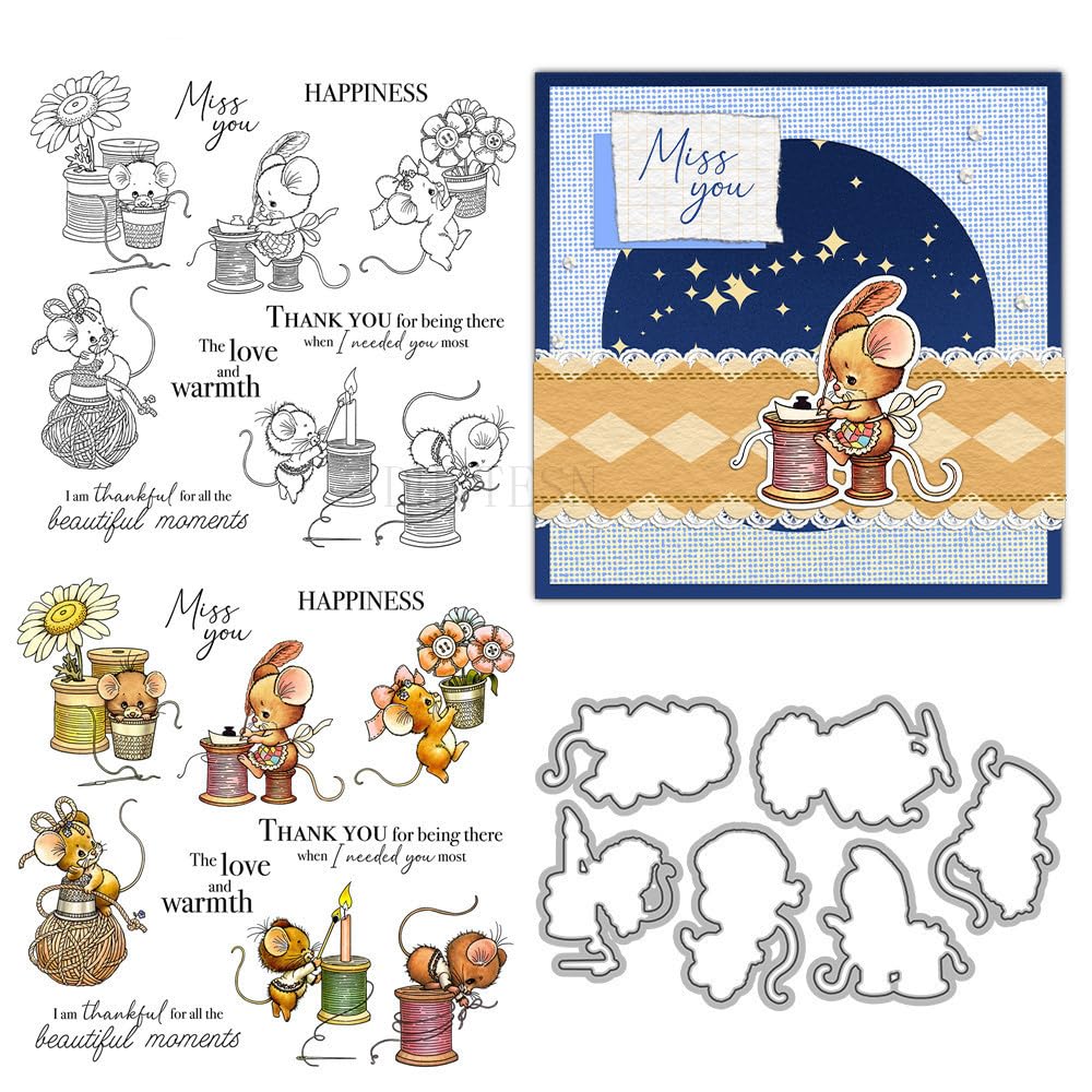 Mouse Misses You Stamps and Die Cuts for Card Making Animal Transparent Silicone Clear Stamp and Metal Cutting Dies Sets for DIY Scrapbooking Paper Crafting Seals Decorative Supplies