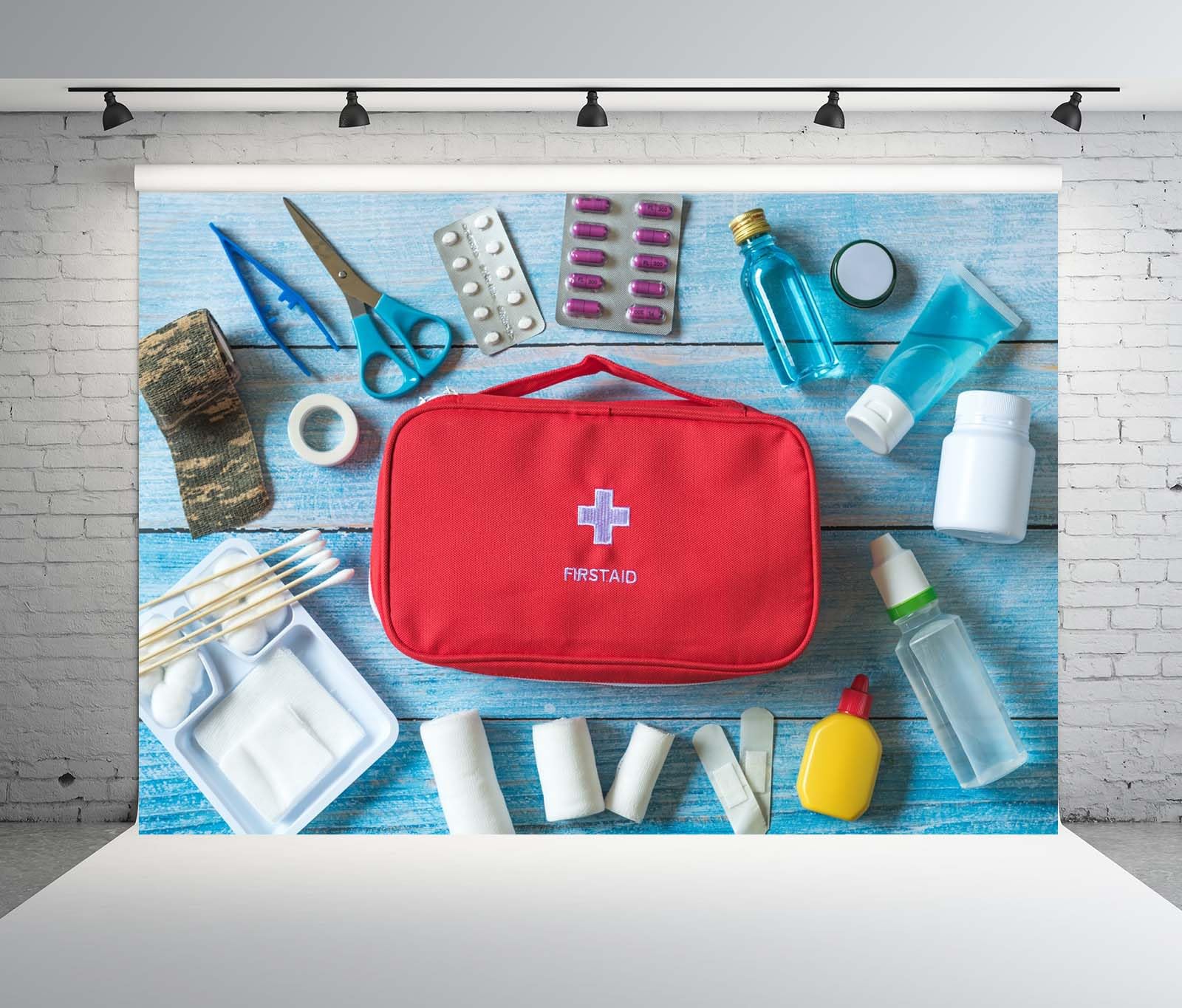 BELECO 4.6x2.5m Tela Asistencia Médica Fondo Botiquín con Equipo Médico Urgencias Tema Médico Enfermero Decoración Fiesta Estudio Foto Accesorios