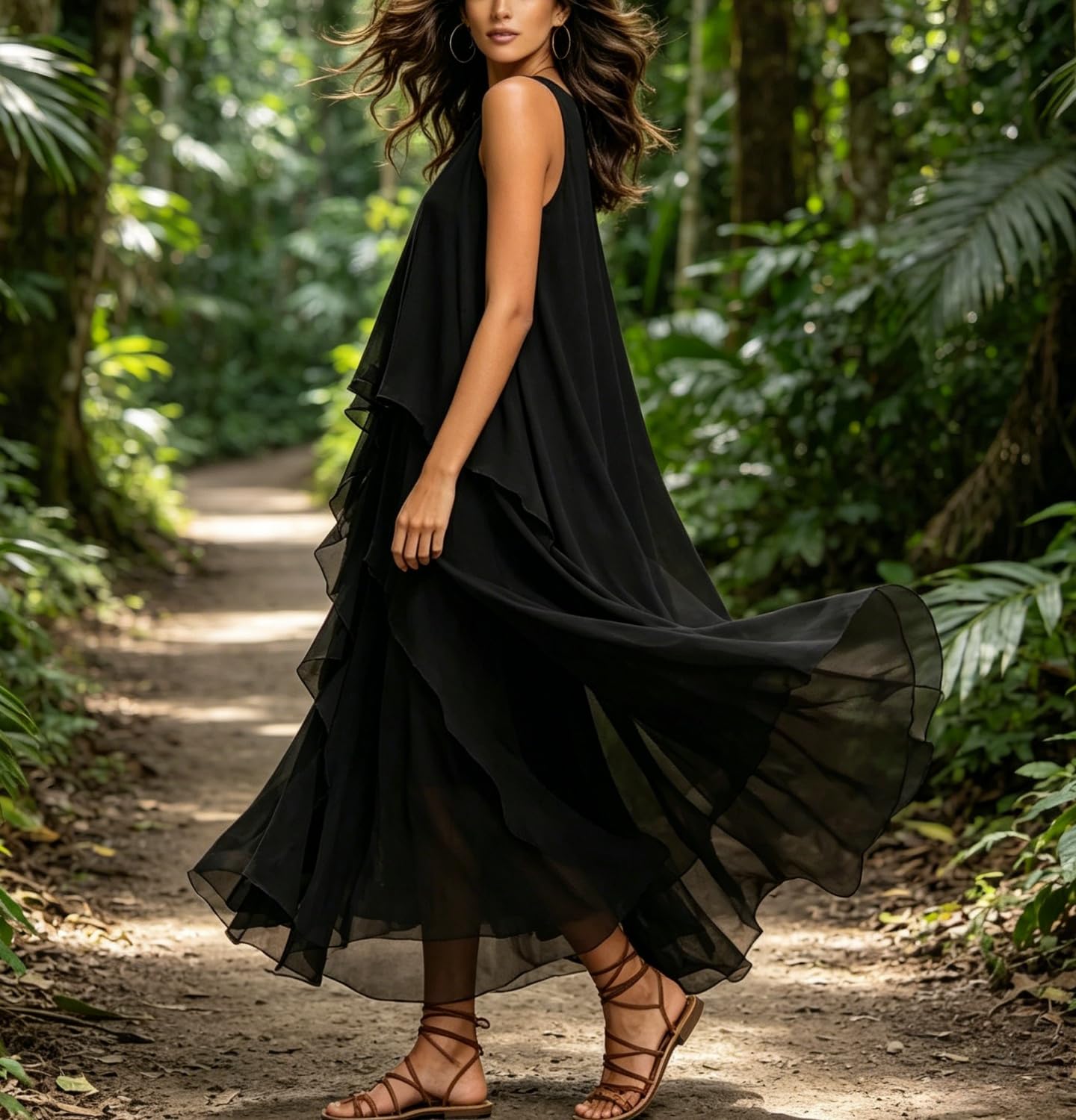 Maxivestido de chifón para Mujer: Estilo Casual, sin Mangas, con Capas escalonadas, caída fluida y Dobladillo asimétrico; Cuello Redondo.