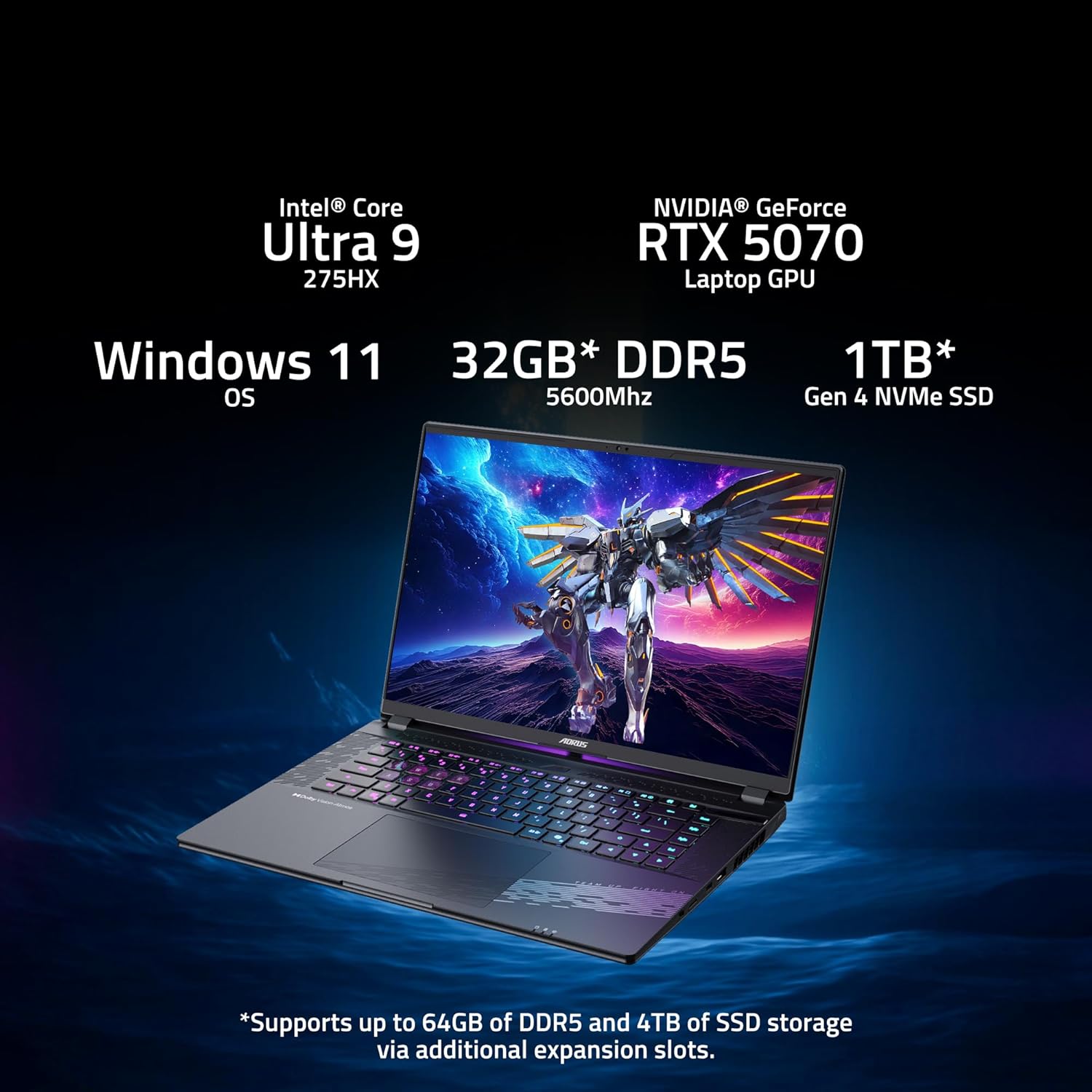 GIGABYTE - AORUS Elite 16 Gaming Laptop - 165Hz 2560x1600 WQXGA - NVIDIA GeForce RTX 5070 - Intel Core Ultra 9 275HX - 1TB SSD with 32GB DDR5 RAM - Windows 11 Home AD (AORUS Elite 16 BWHC3USC64SH) - Image 2