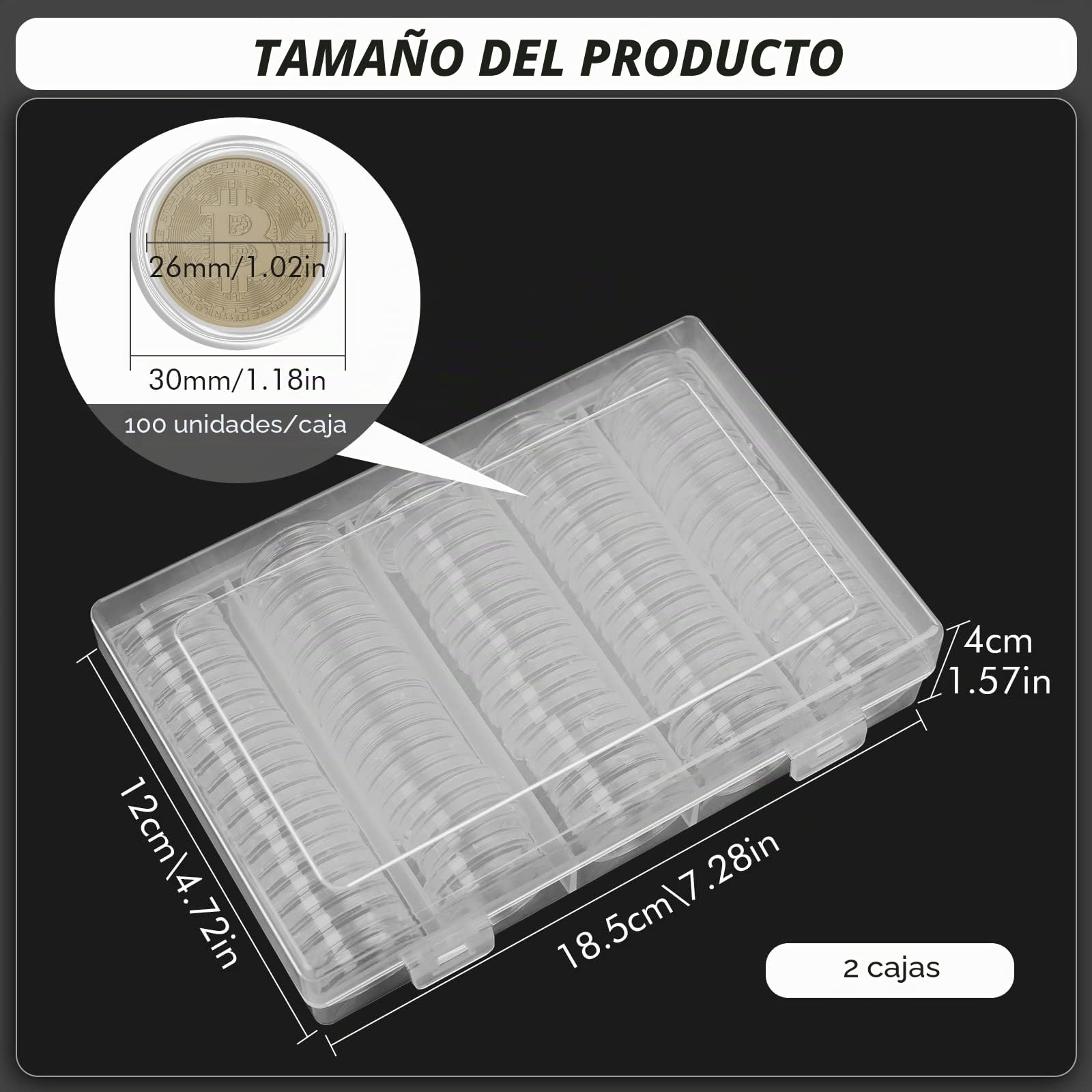 200 cápsulas de 26 mm para monedas de 2 euros con caja de almacenamiento de plástico transparente para piezas especiales y coleccionables
