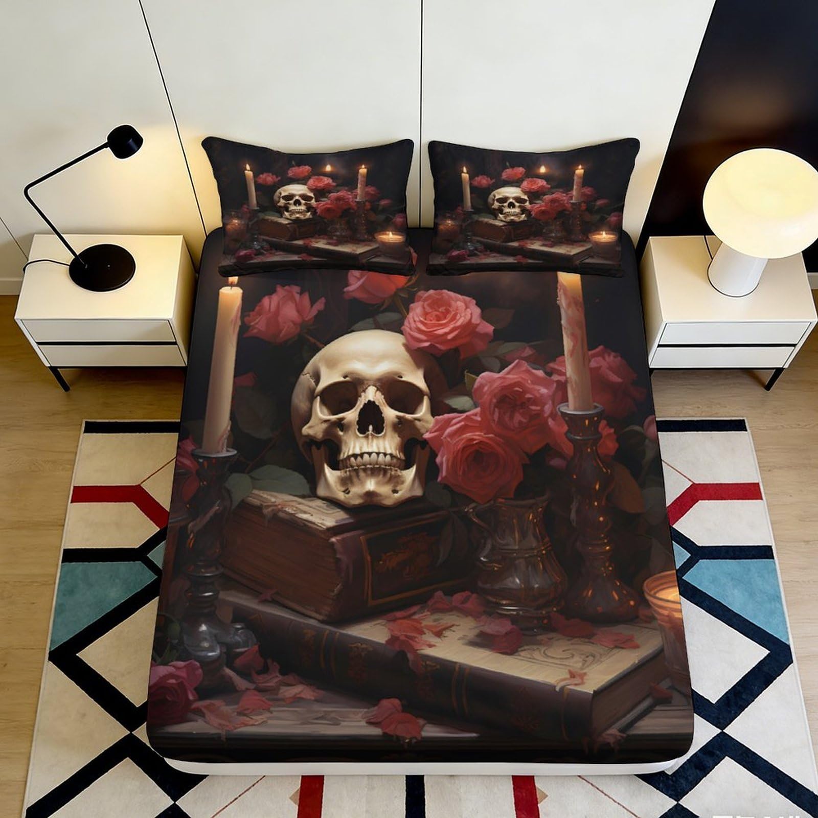 Uynsixtme Style-7 3D Printed Skull Rose Fitted Sheet Microfiber Deep Pocket Non-Slip Bedroom Bedding Skull Mattress Fitted Cover 140X200x25cm