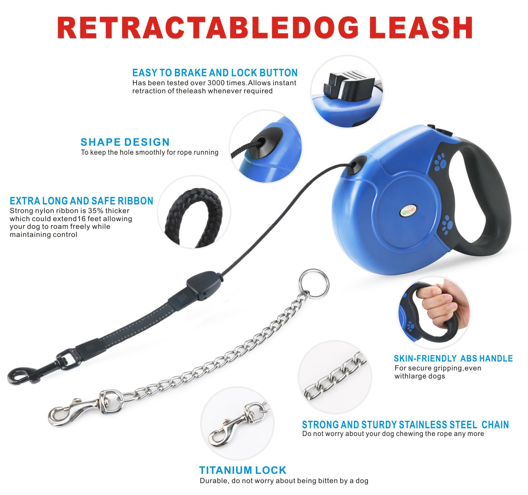 Idepet Laisse rétractable robuste pour chiens de petite et moyenne taille, conception de chaîne en acier anti-mastication, 360 degrés, sans nœuds, système de rupture et de verrouillage, laisse de 26